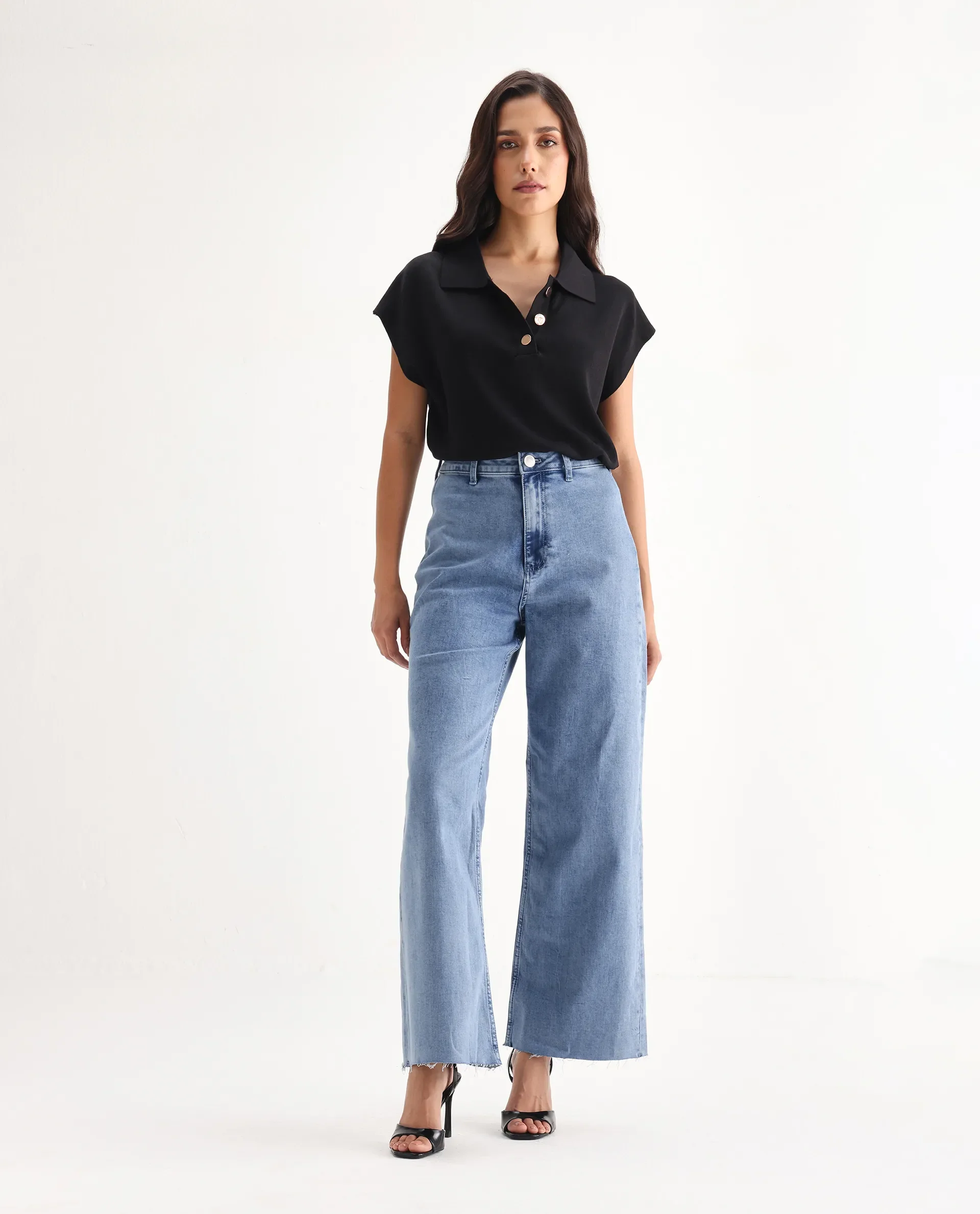 Rareism Women's Miniko Light Blue Cotton Blend Plain Ankle Length Effortless Sculpt high wide Jeans - Image 2