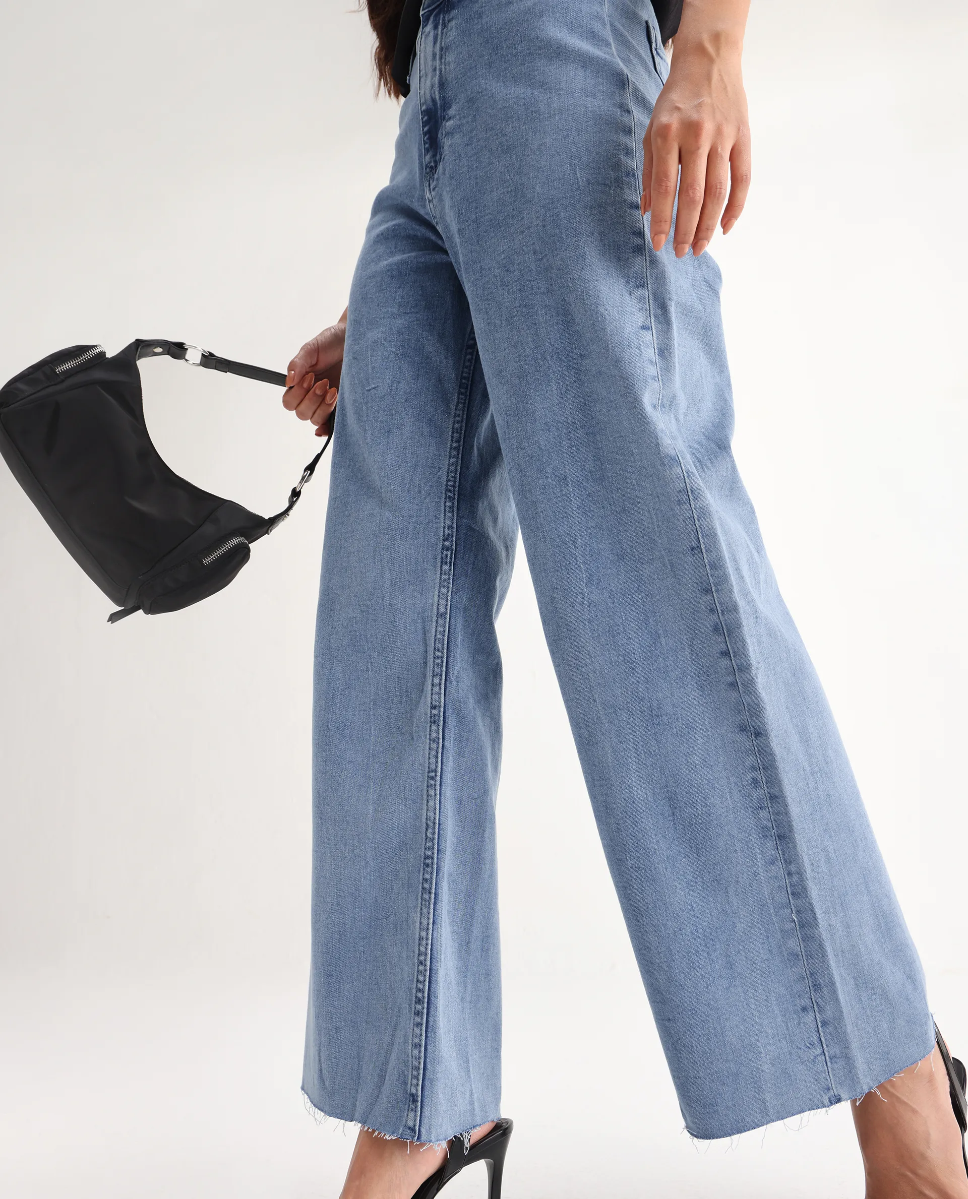 Rareism Women's Miniko Light Blue Cotton Blend Plain Ankle Length Effortless Sculpt high wide Jeans - Image 3