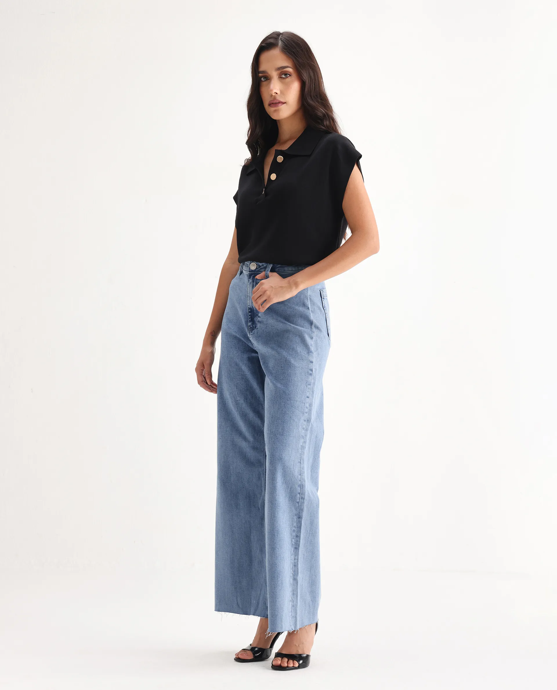 Rareism Women's Miniko Light Blue Cotton Blend Plain Ankle Length Effortless Sculpt high wide Jeans - Image 6