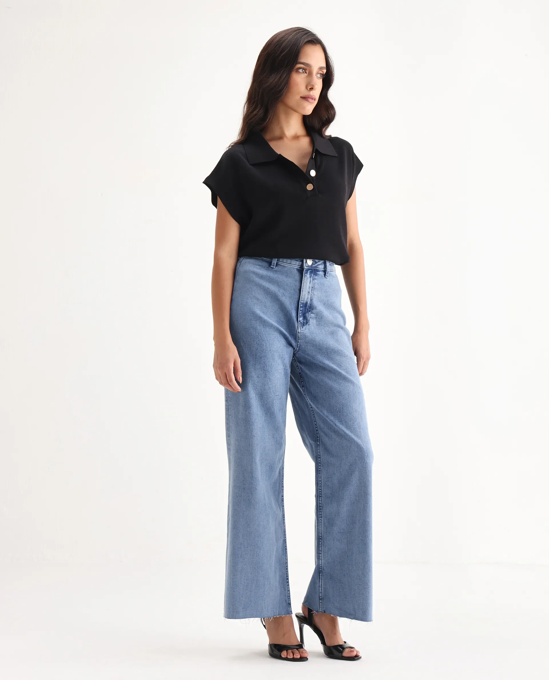 Rareism Women's Miniko Light Blue Cotton Blend Plain Ankle Length Effortless Sculpt high wide Jeans - Image 7