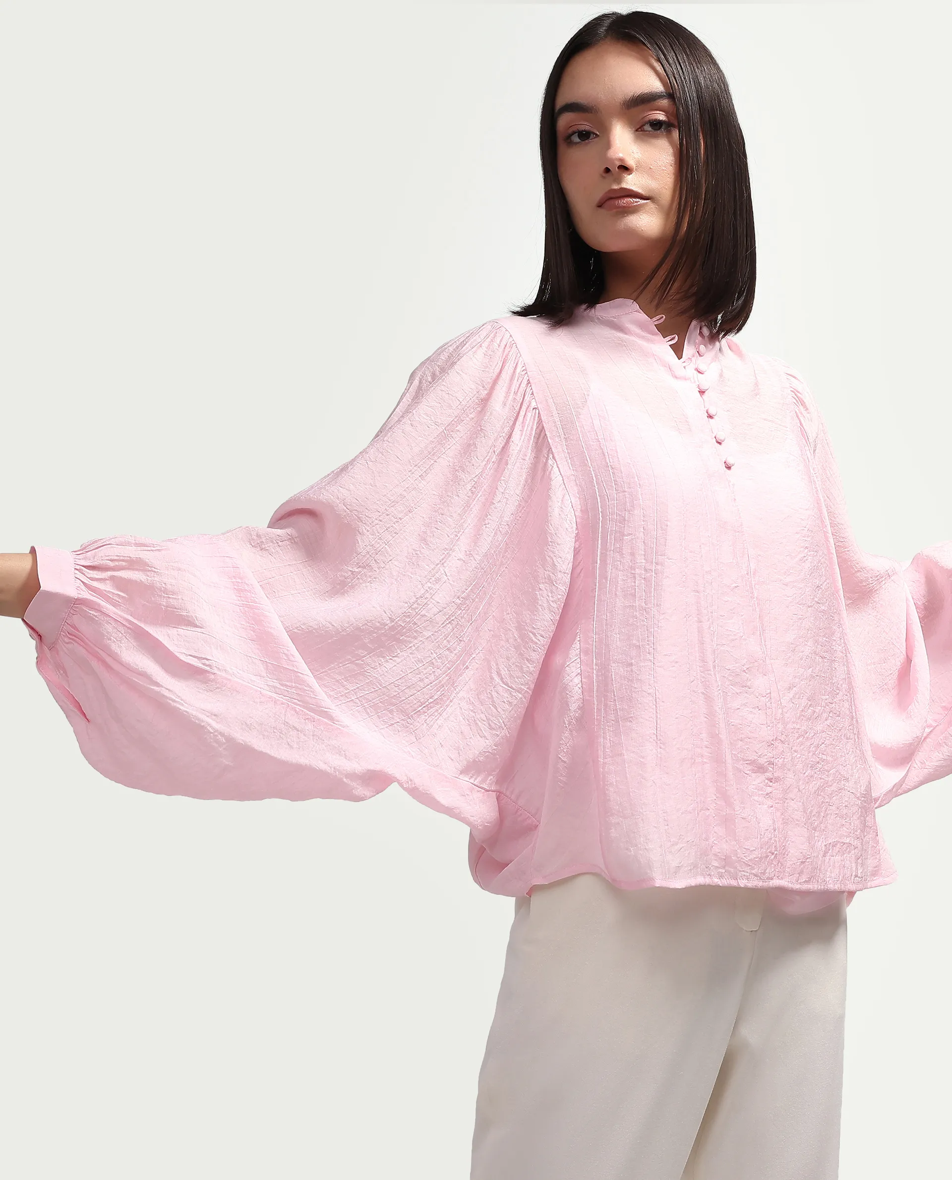 Rareism Women's Minis Light Pink Viscose Full Sleeve Band Collar Regular Top
