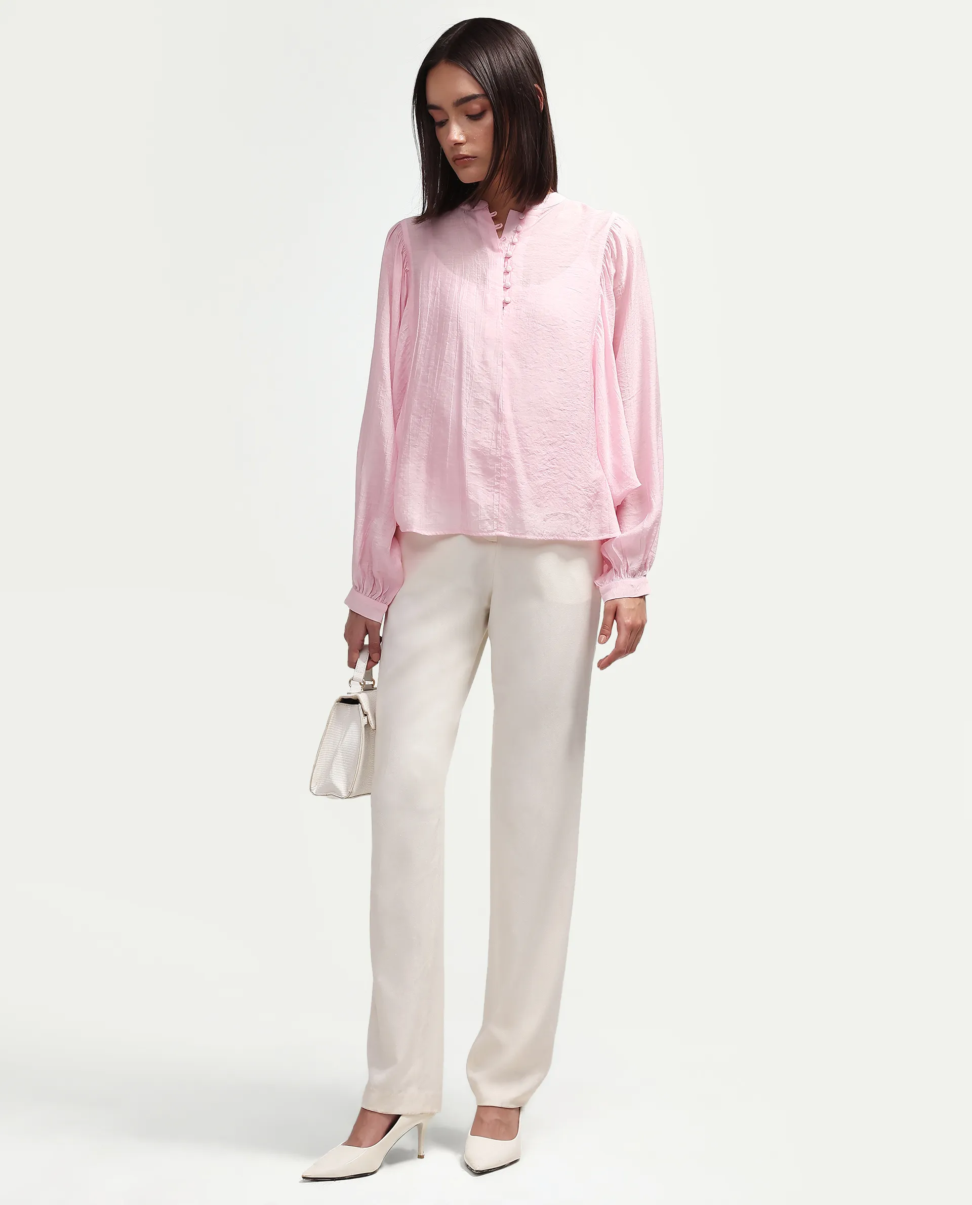 Rareism Women's Minis Light Pink Viscose Full Sleeve Band Collar Regular Top - Image 2