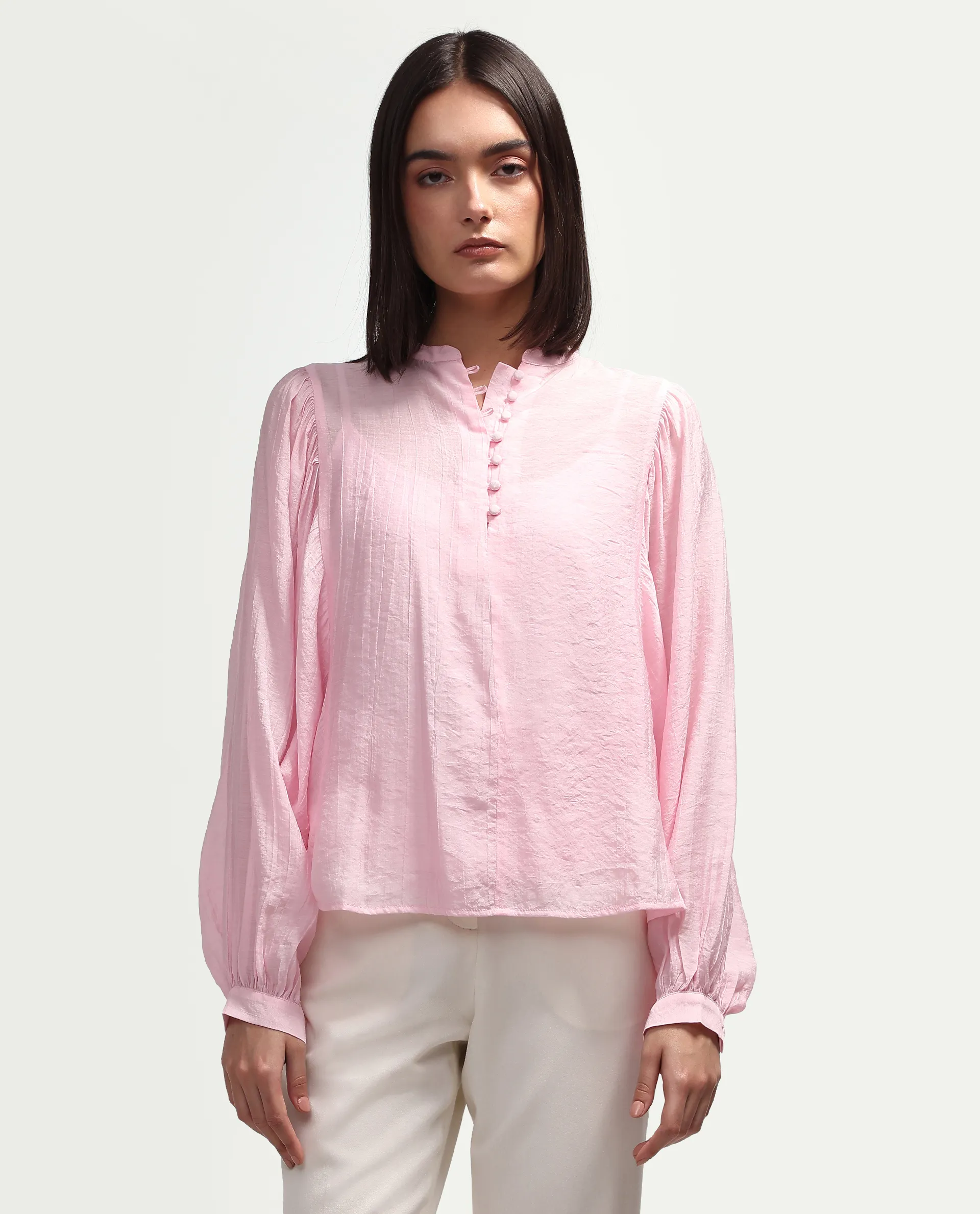 Rareism Women's Minis Light Pink Viscose Full Sleeve Band Collar Regular Top - Image 3