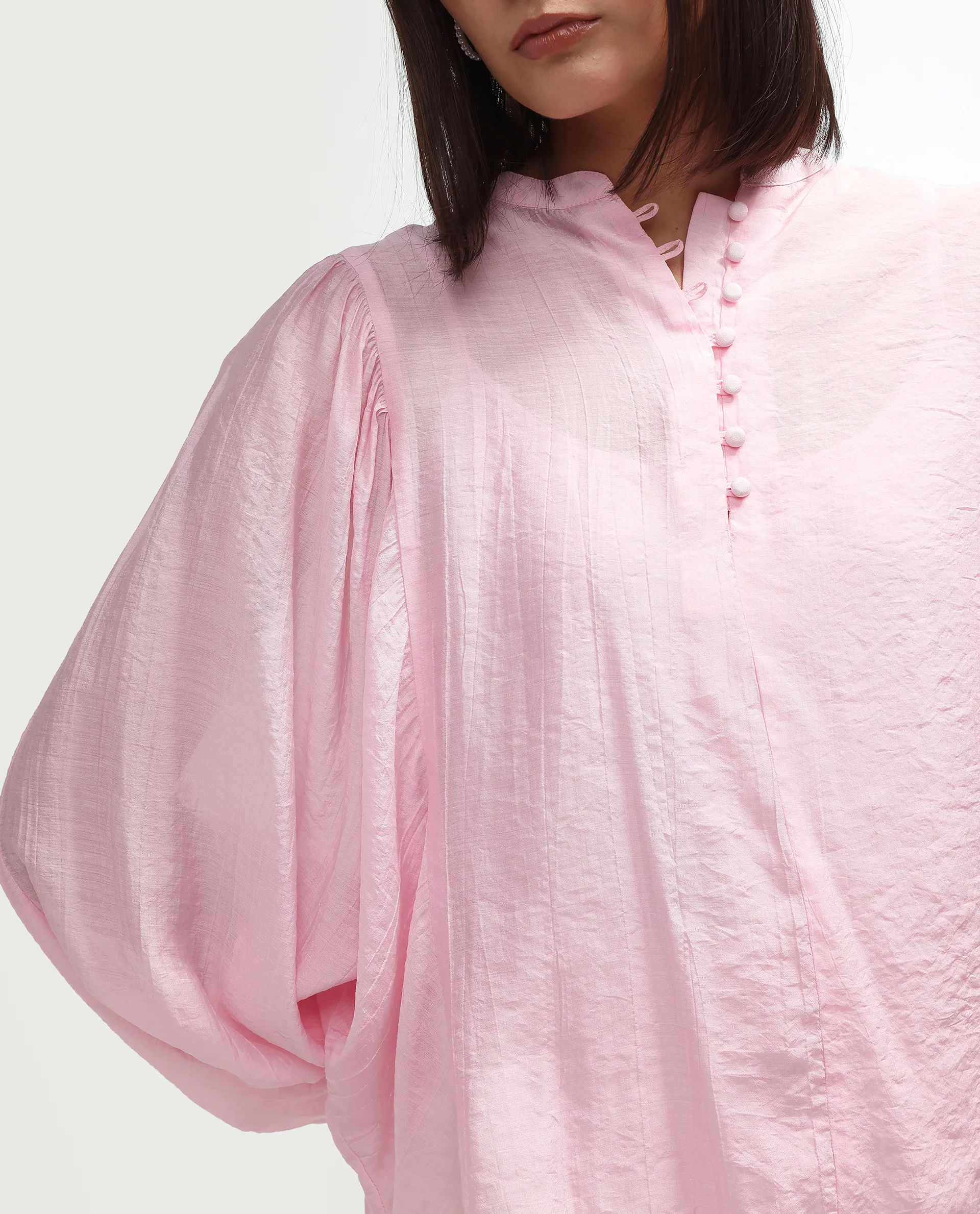 Rareism Women's Minis Light Pink Viscose Full Sleeve Band Collar Regular Top - Image 5