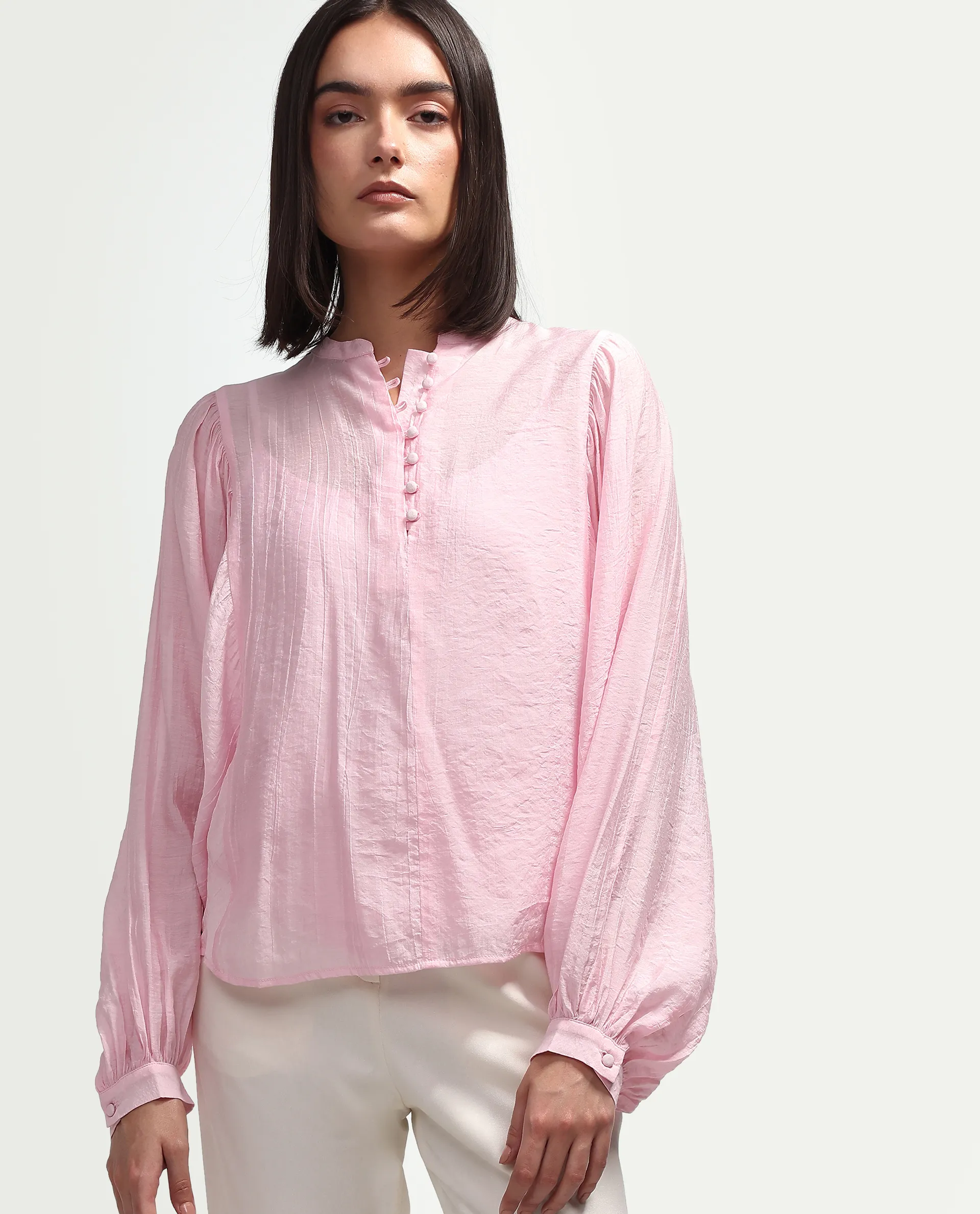 Rareism Women's Minis Light Pink Viscose Full Sleeve Band Collar Regular Top - Image 6