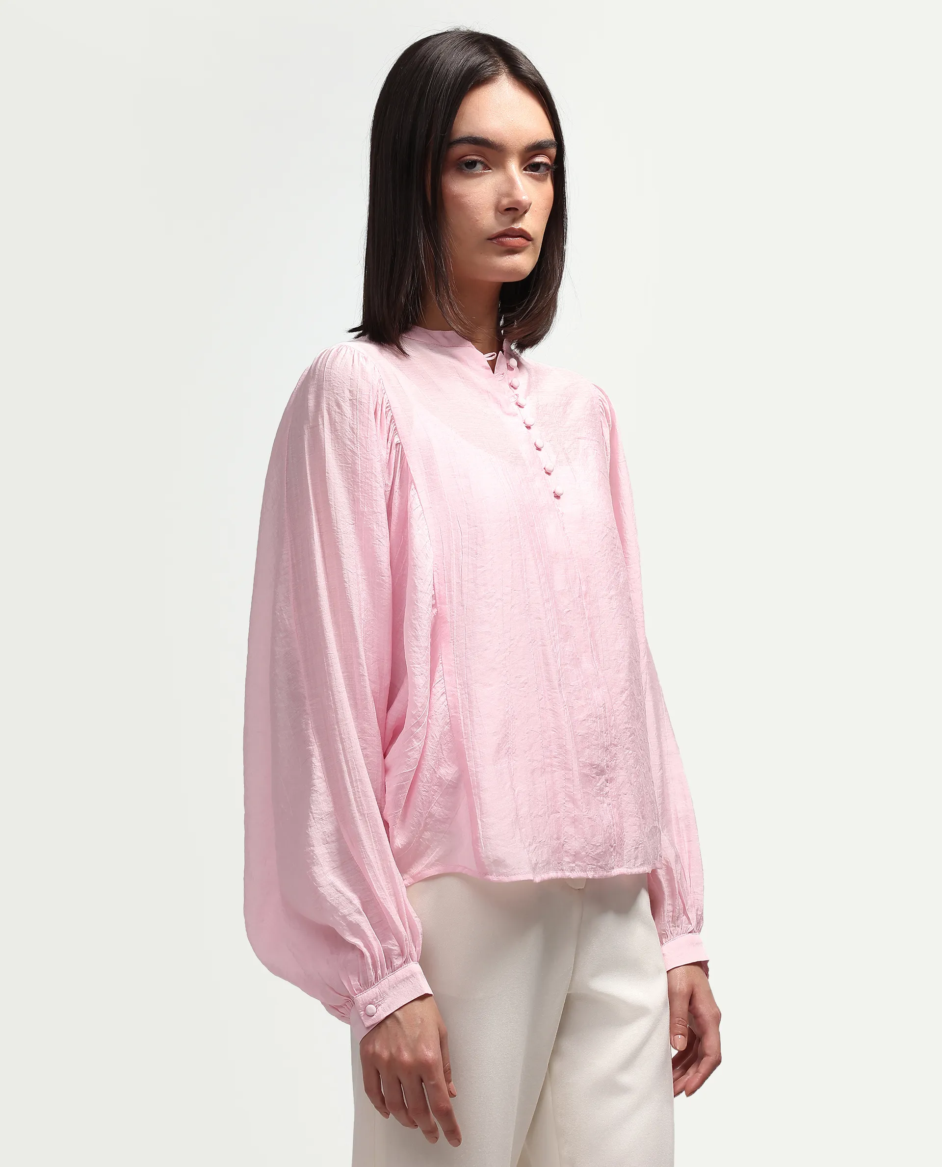 Rareism Women's Minis Light Pink Viscose Full Sleeve Band Collar Regular Top - Image 7