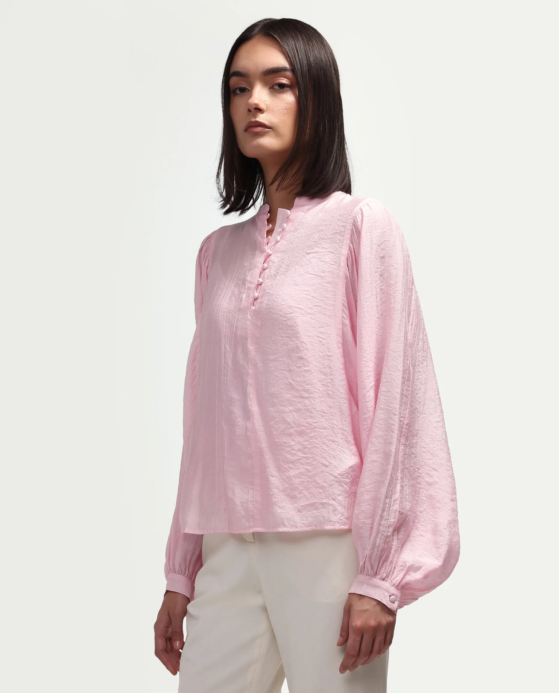 Rareism Women's Minis Light Pink Viscose Full Sleeve Band Collar Regular Top - Image 8