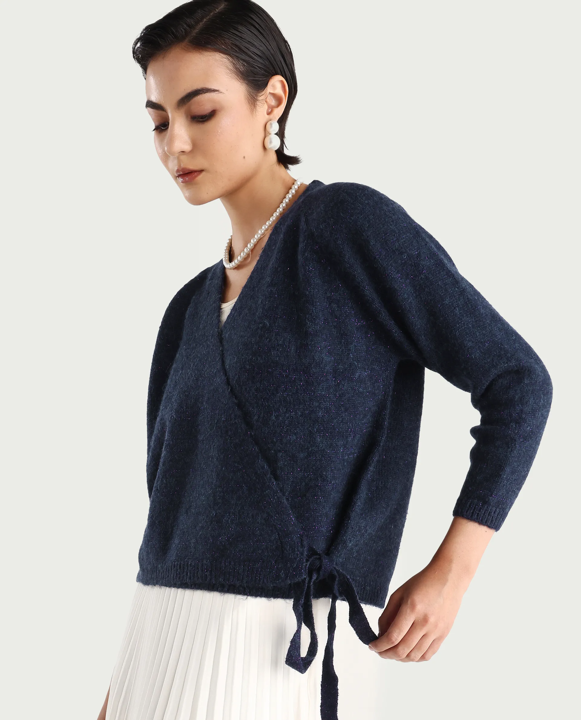 Rareism Women's Minjin Dark Purple Overlap Neck Plain Relaxed Fit Cardigan - Image 3