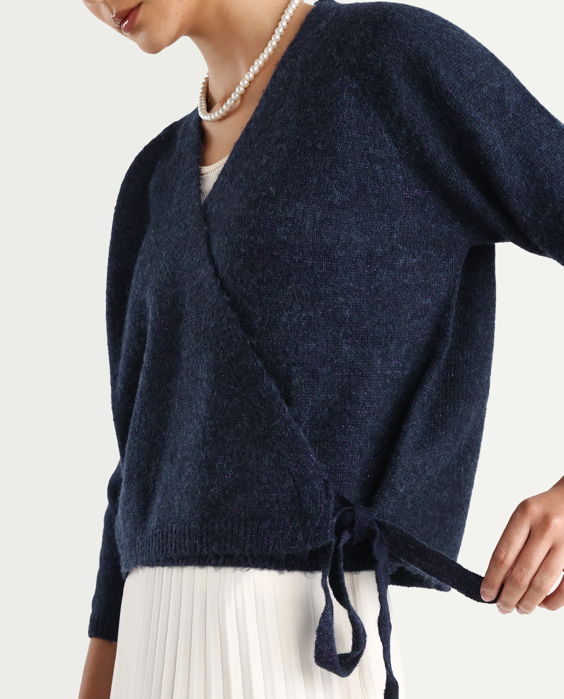 Rareism Women's Minjin Dark Purple Overlap Neck Plain Relaxed Fit Cardigan - Image 5