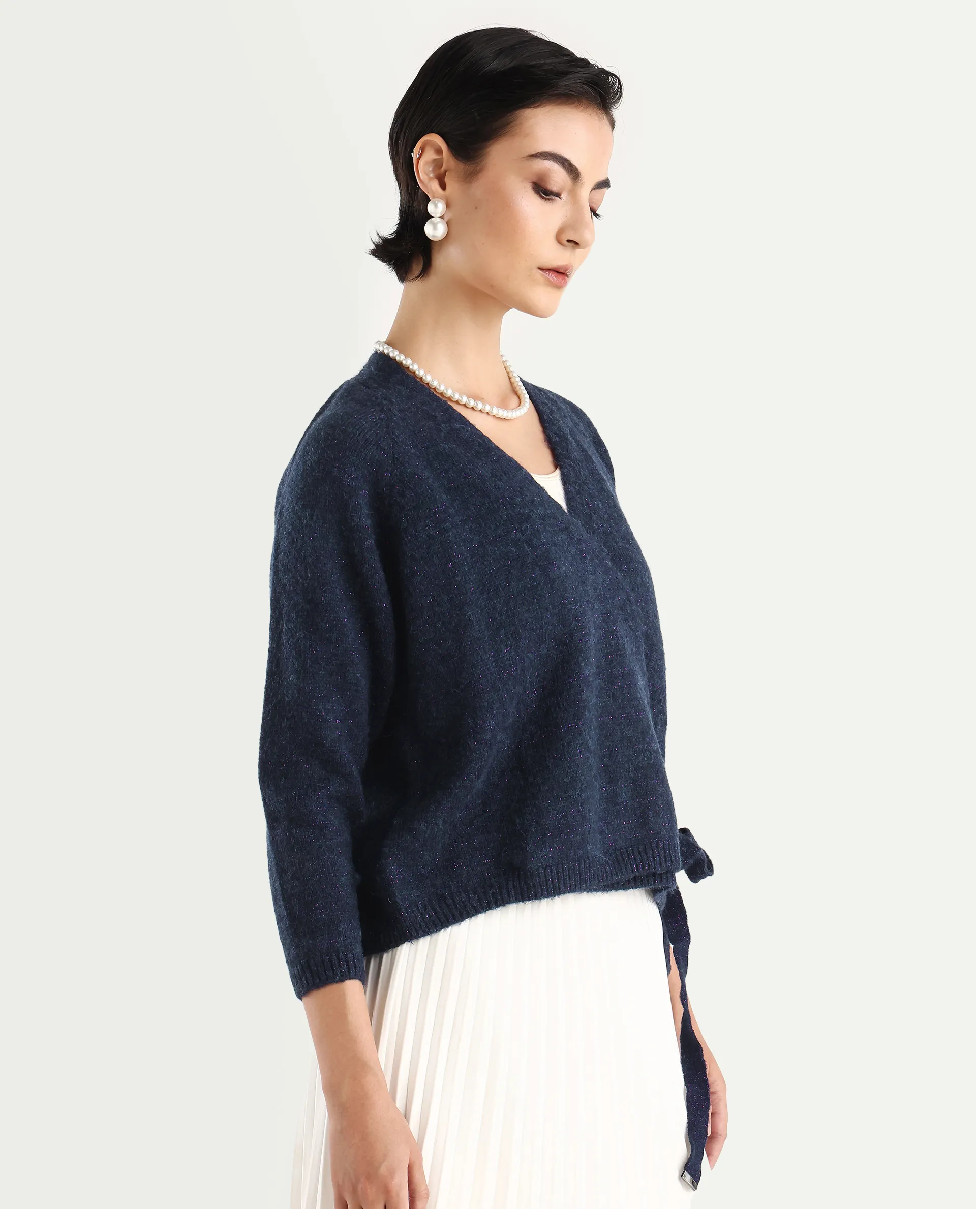 Rareism Women's Minjin Dark Purple Overlap Neck Plain Relaxed Fit Cardigan - Image 7
