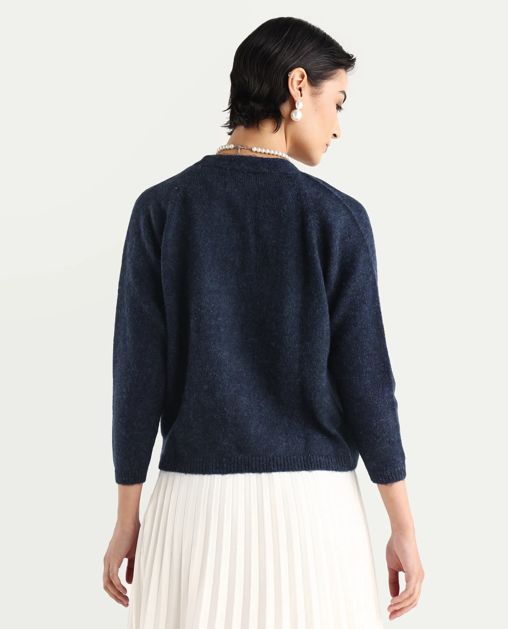 Rareism Women's Minjin Dark Purple Overlap Neck Plain Relaxed Fit Cardigan - Image 8