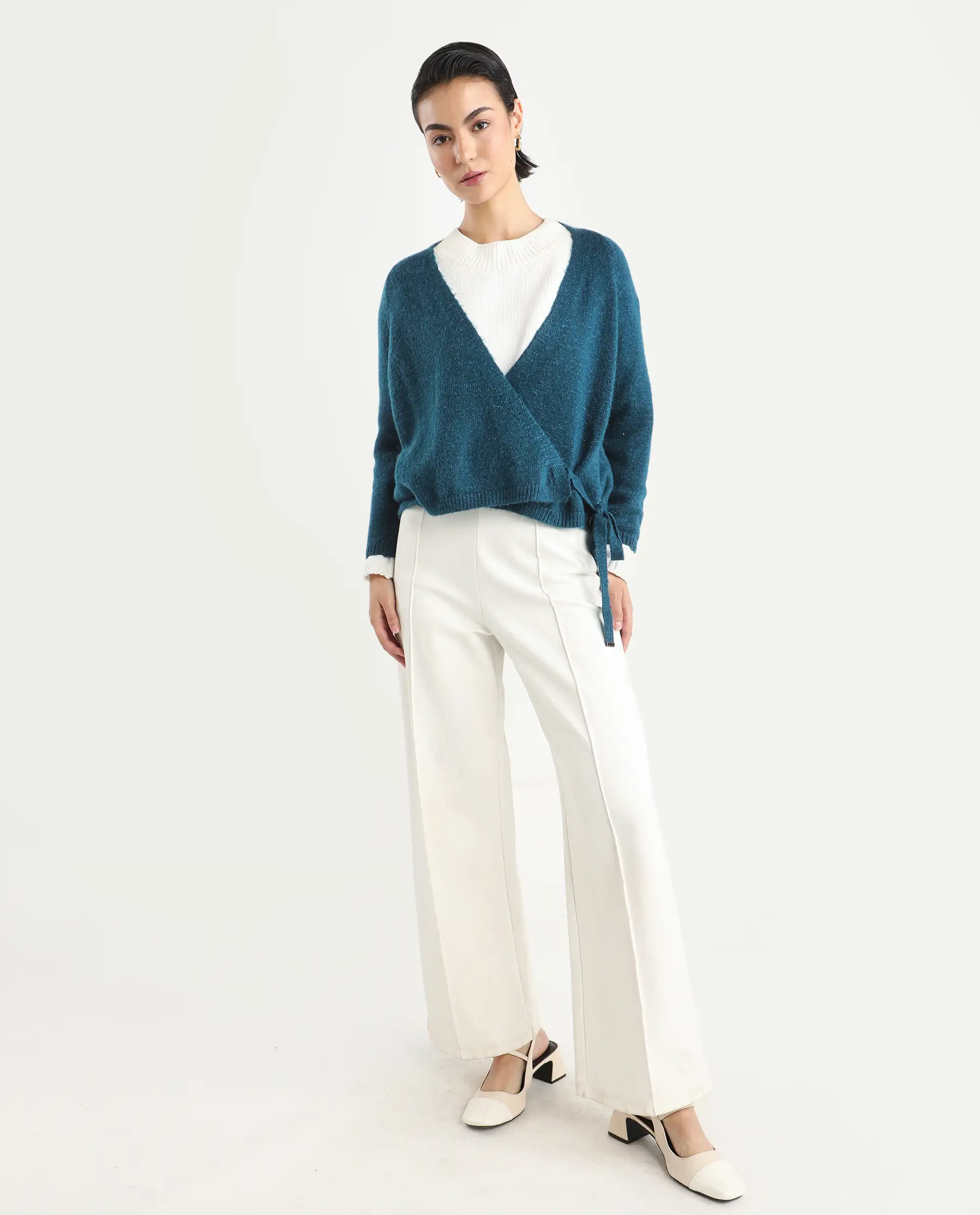 Rareism Women's Minjin Dark Teal Overlap Neck Plain Relaxed Fit Cardigan - Image 2