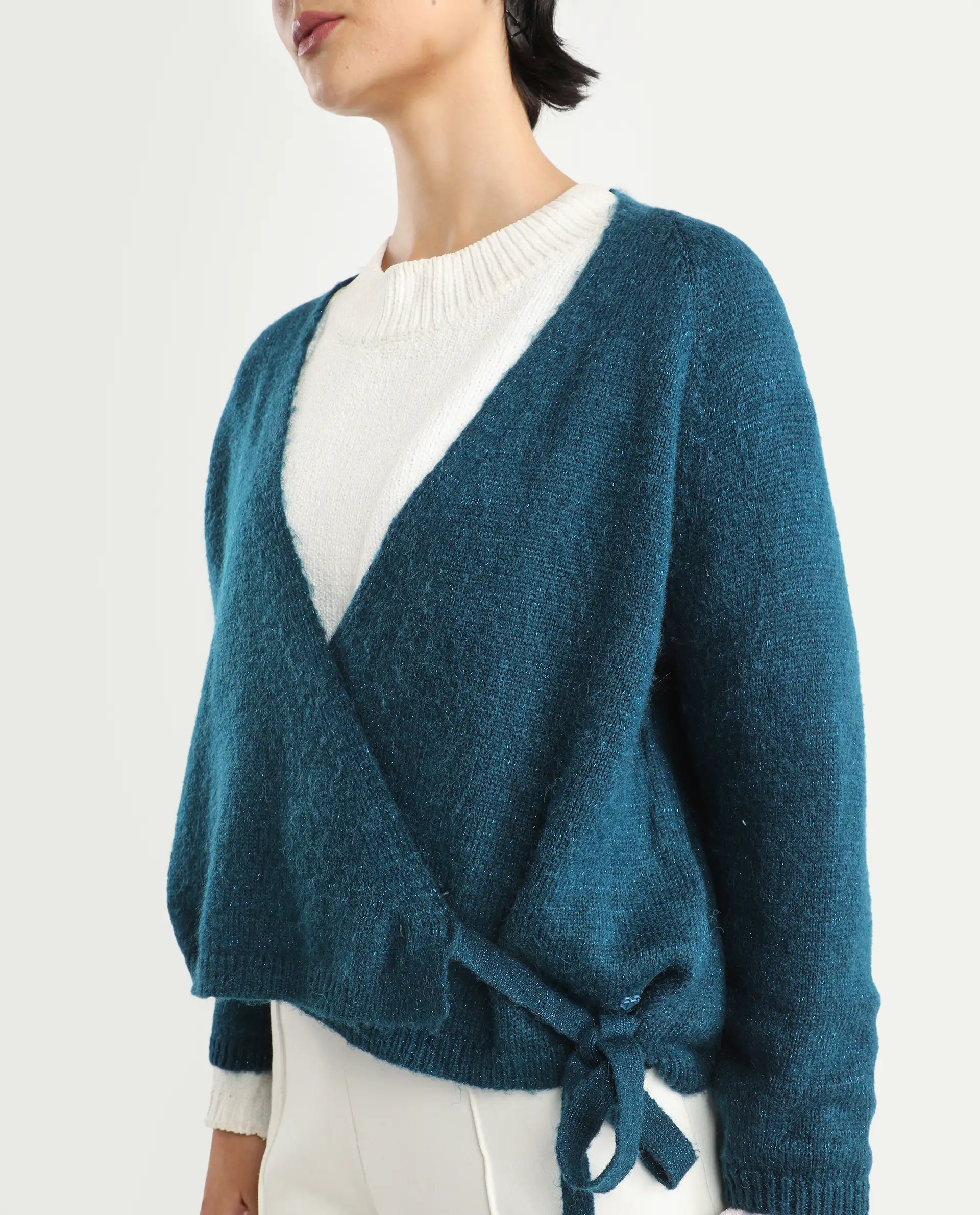 Rareism Women's Minjin Dark Teal Overlap Neck Plain Relaxed Fit Cardigan - Image 3