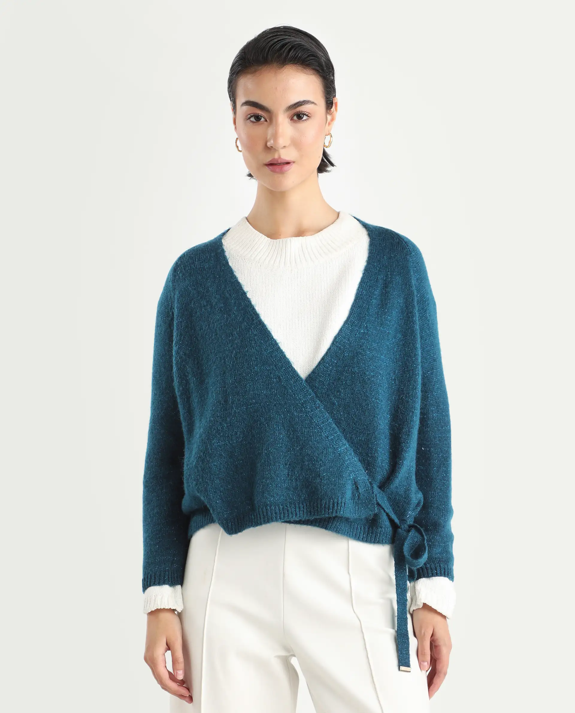 Rareism Women's Minjin Dark Teal Overlap Neck Plain Relaxed Fit Cardigan - Image 4