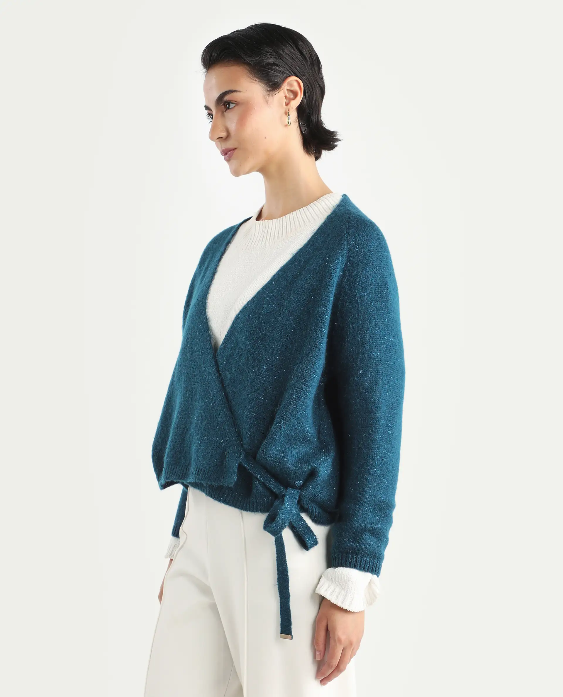 Rareism Women's Minjin Dark Teal Overlap Neck Plain Relaxed Fit Cardigan - Image 5