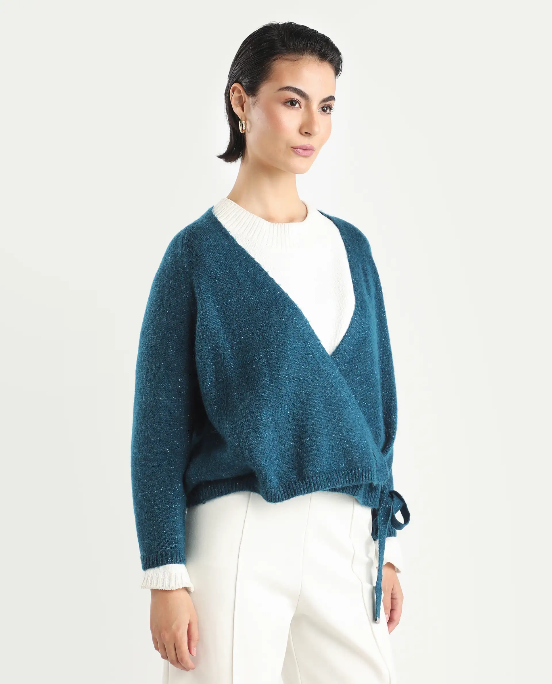 Rareism Women's Minjin Dark Teal Overlap Neck Plain Relaxed Fit Cardigan - Image 6
