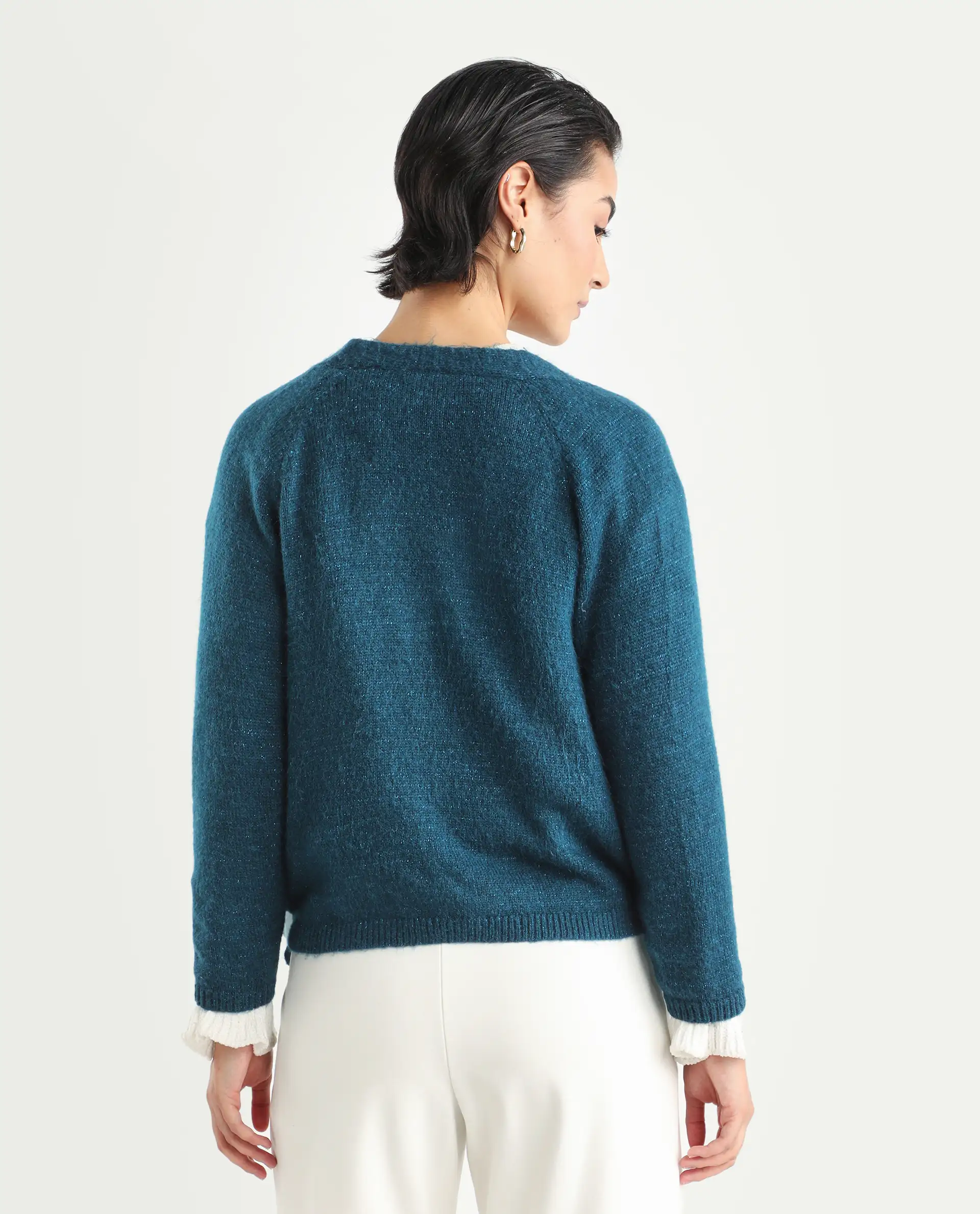 Rareism Women's Minjin Dark Teal Overlap Neck Plain Relaxed Fit Cardigan - Image 7