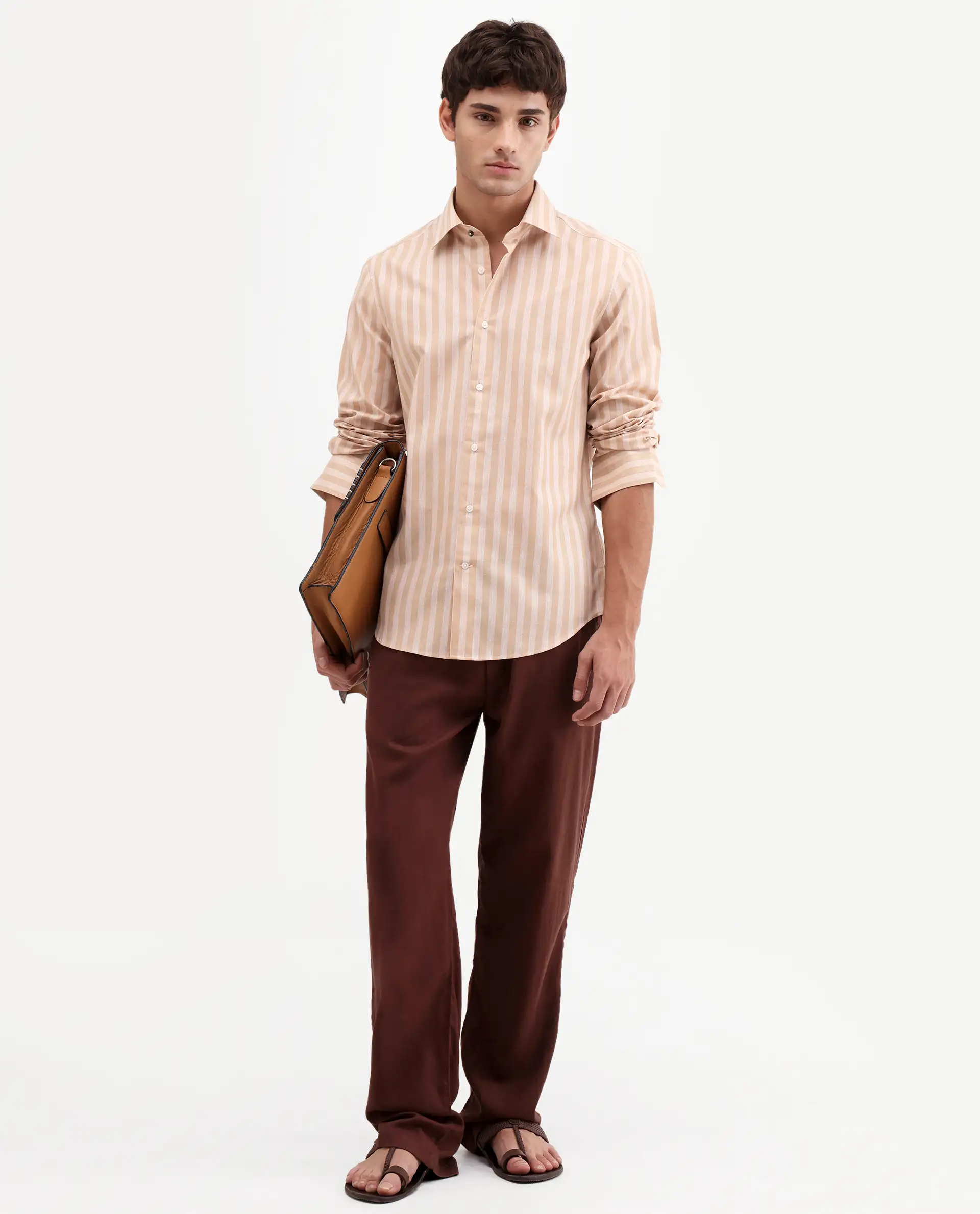 Rare Rabbit Men's Mink Beige Cotton Blend Fabric Full Sleeve Spread Collar Button Regular Fit Striped Shirt - Image 2