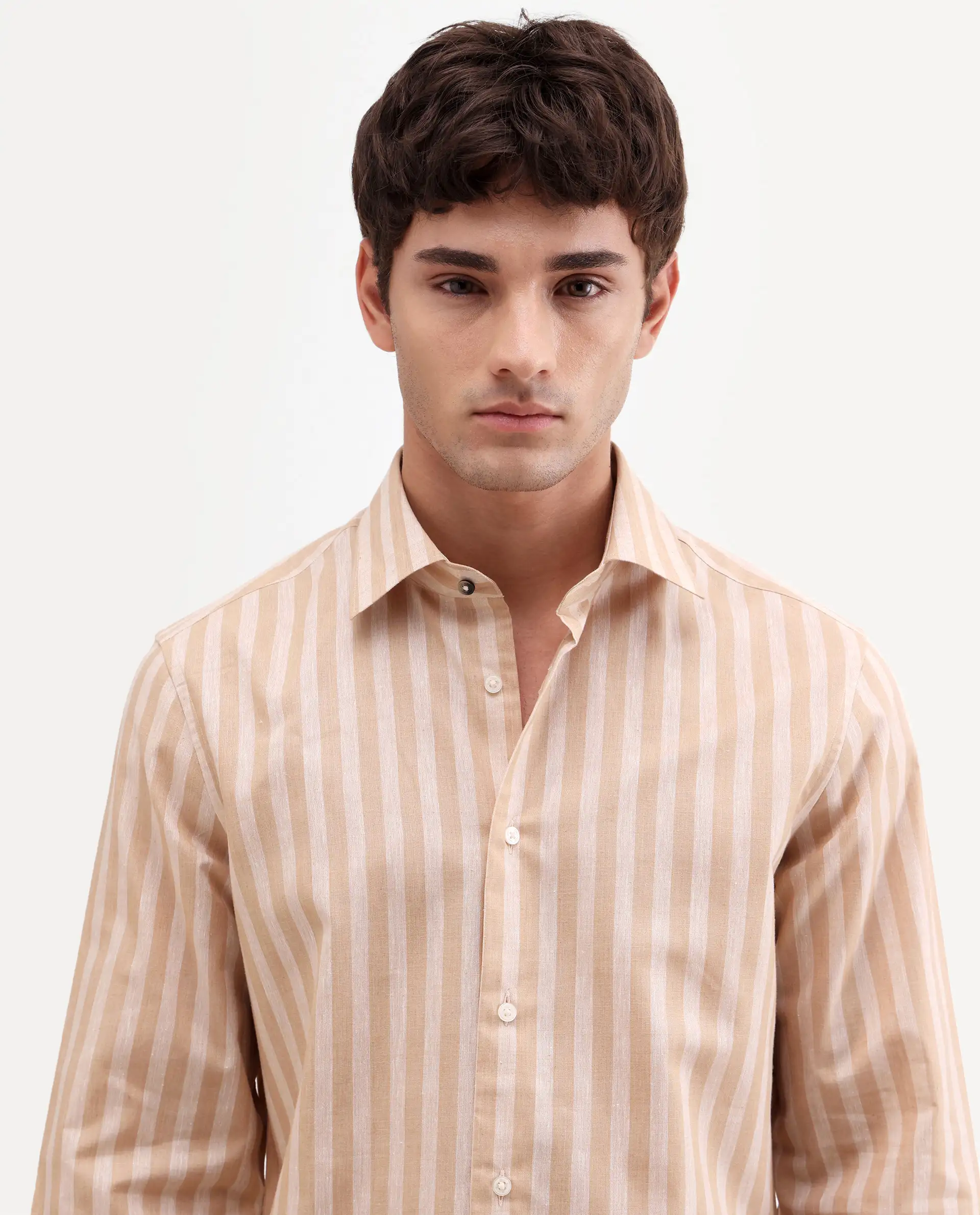 Rare Rabbit Men's Mink Beige Cotton Blend Fabric Full Sleeve Spread Collar Button Regular Fit Striped Shirt - Image 3