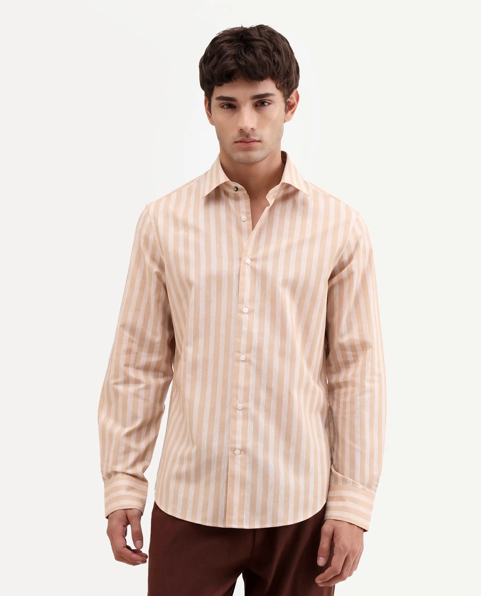 Rare Rabbit Men's Mink Beige Cotton Blend Fabric Full Sleeve Spread Collar Button Regular Fit Striped Shirt - Image 4