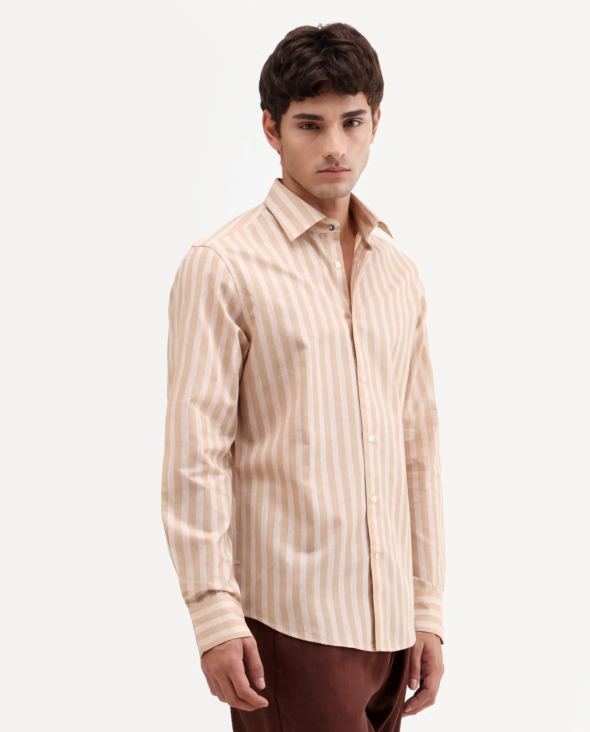 Rare Rabbit Men's Mink Beige Cotton Blend Fabric Full Sleeve Spread Collar Button Regular Fit Striped Shirt - Image 5