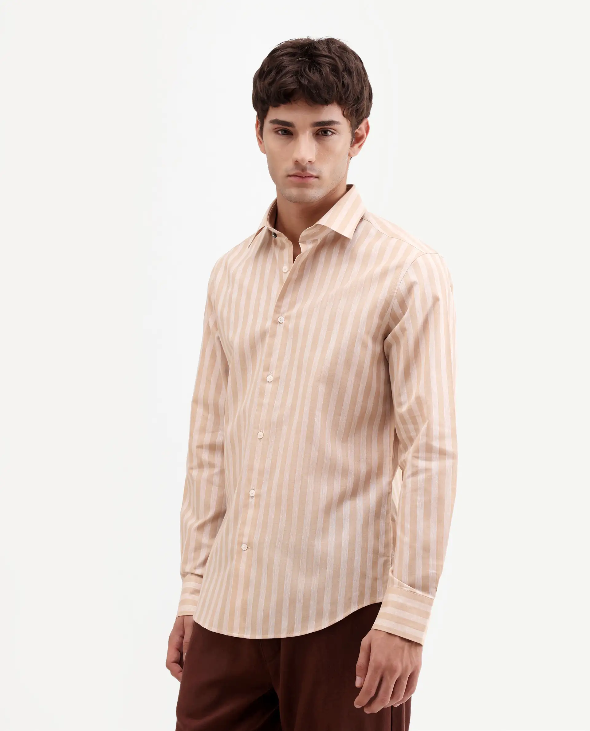Rare Rabbit Men's Mink Beige Cotton Blend Fabric Full Sleeve Spread Collar Button Regular Fit Striped Shirt - Image 6