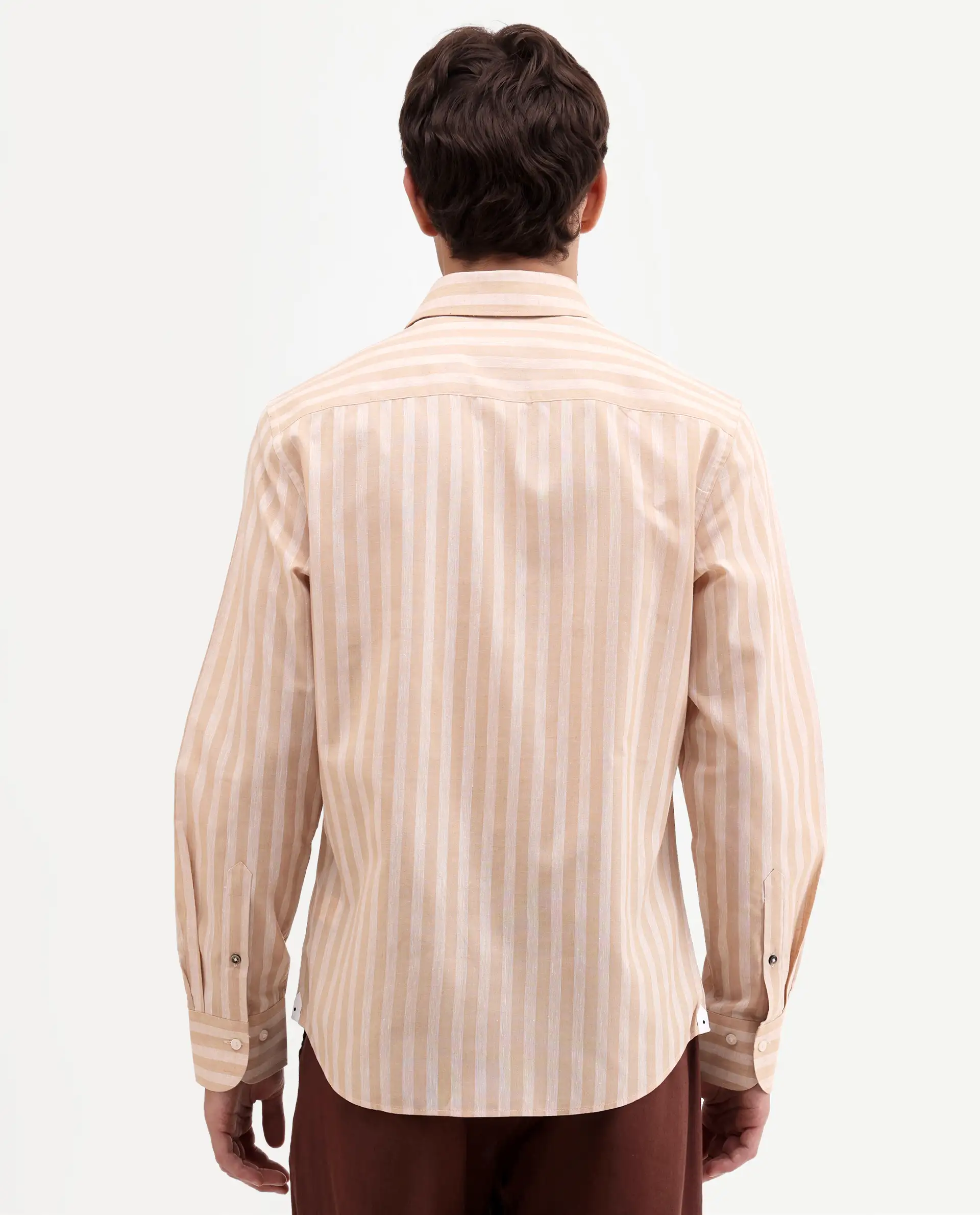 Rare Rabbit Men's Mink Beige Cotton Blend Fabric Full Sleeve Spread Collar Button Regular Fit Striped Shirt - Image 7