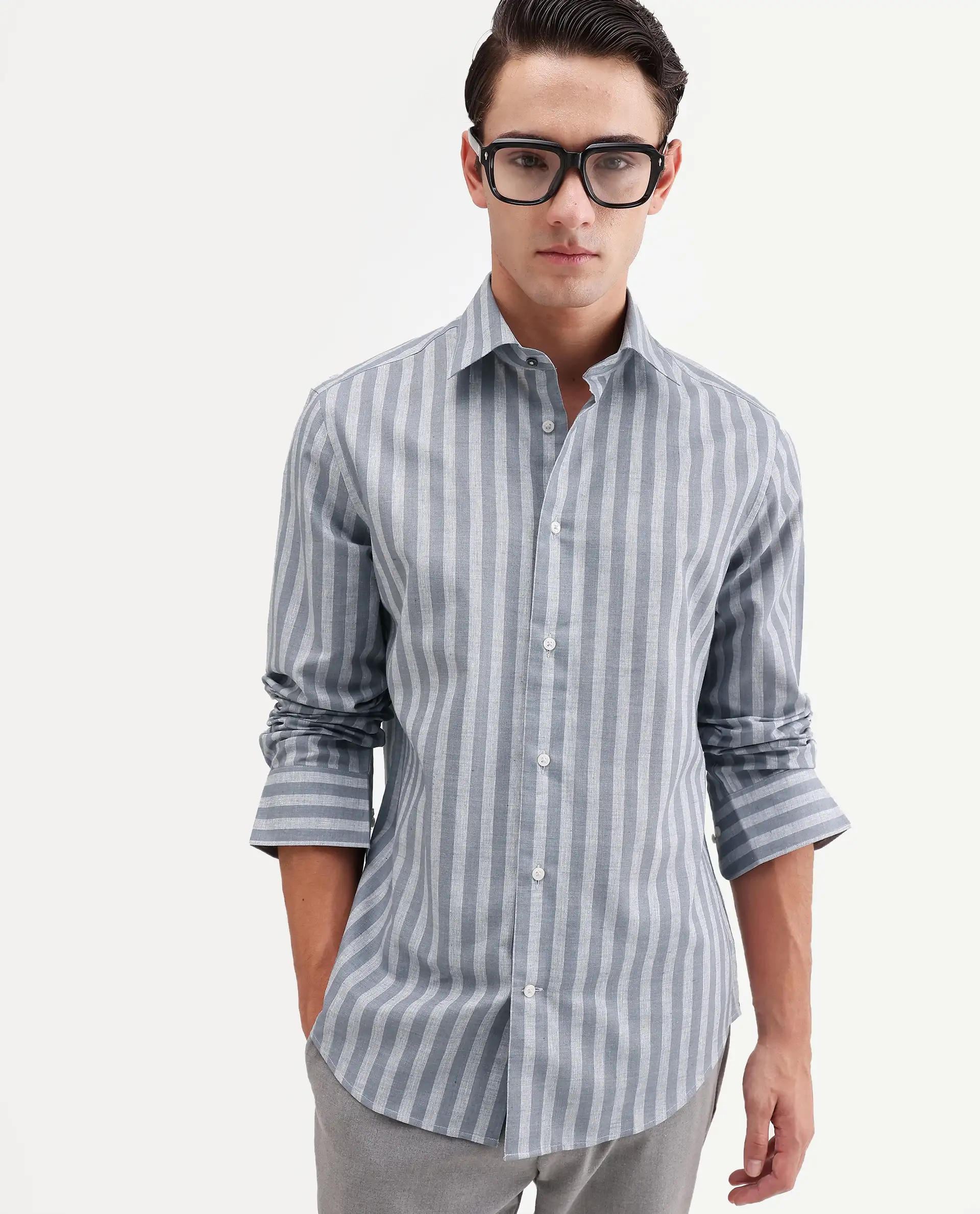 Rare Rabbit Men's Mink Dark Grey Cotton Blend Fabric Full Sleeve Spread Collar Button Regular Fit Striped Shirt
