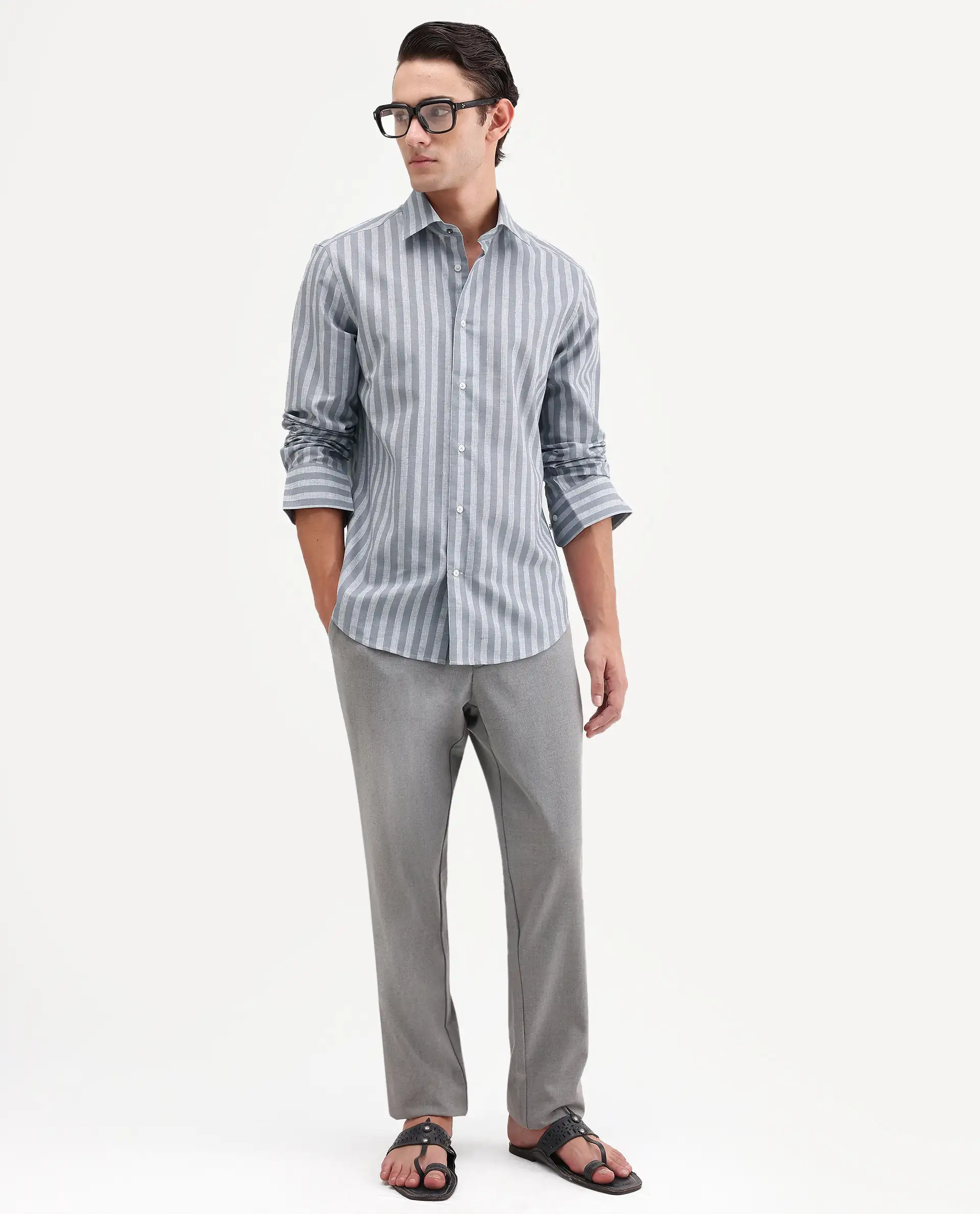 Rare Rabbit Men's Mink Dark Grey Cotton Blend Fabric Full Sleeve Spread Collar Button Regular Fit Striped Shirt - Image 2