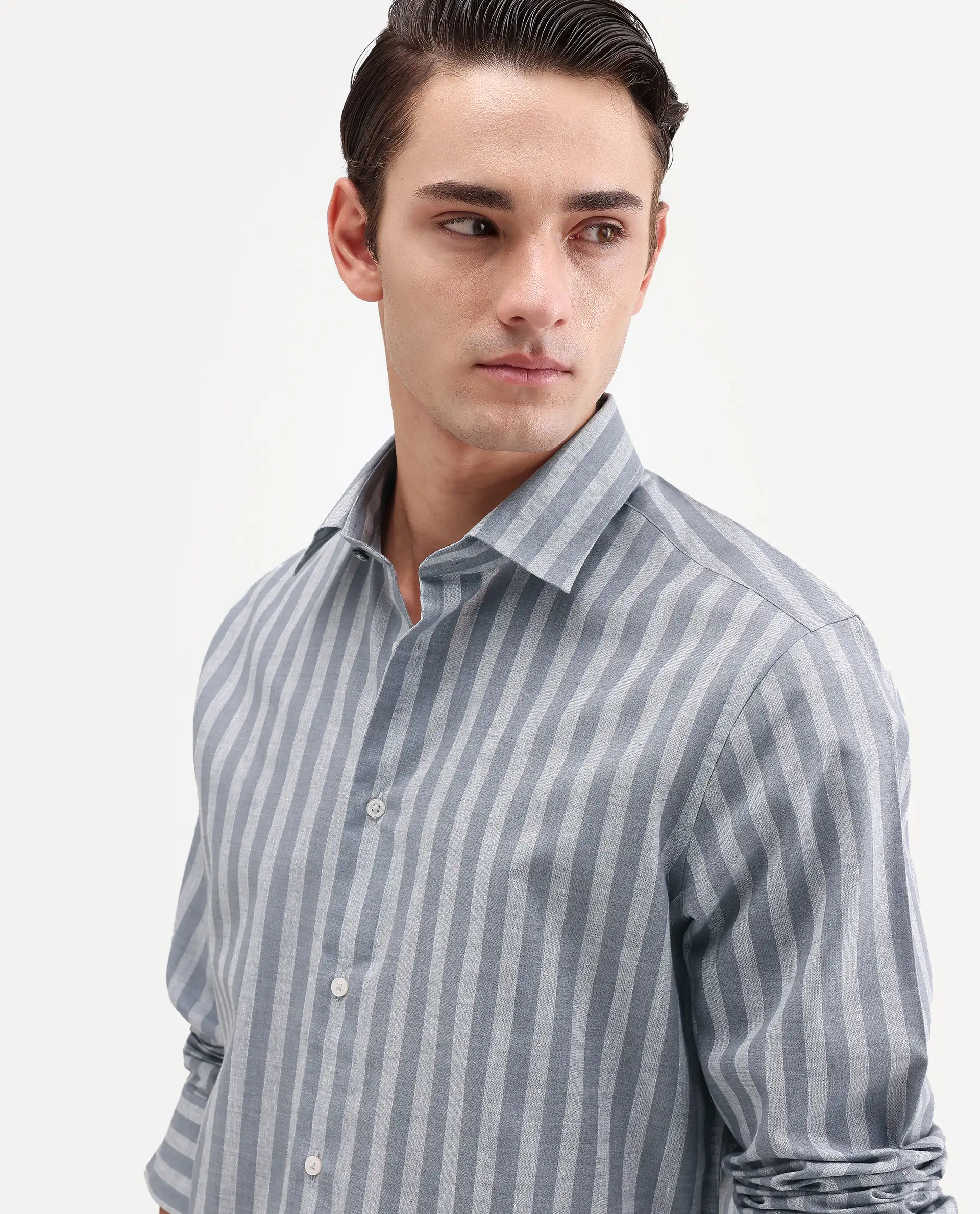 Rare Rabbit Men's Mink Dark Grey Cotton Blend Fabric Full Sleeve Spread Collar Button Regular Fit Striped Shirt - Image 3