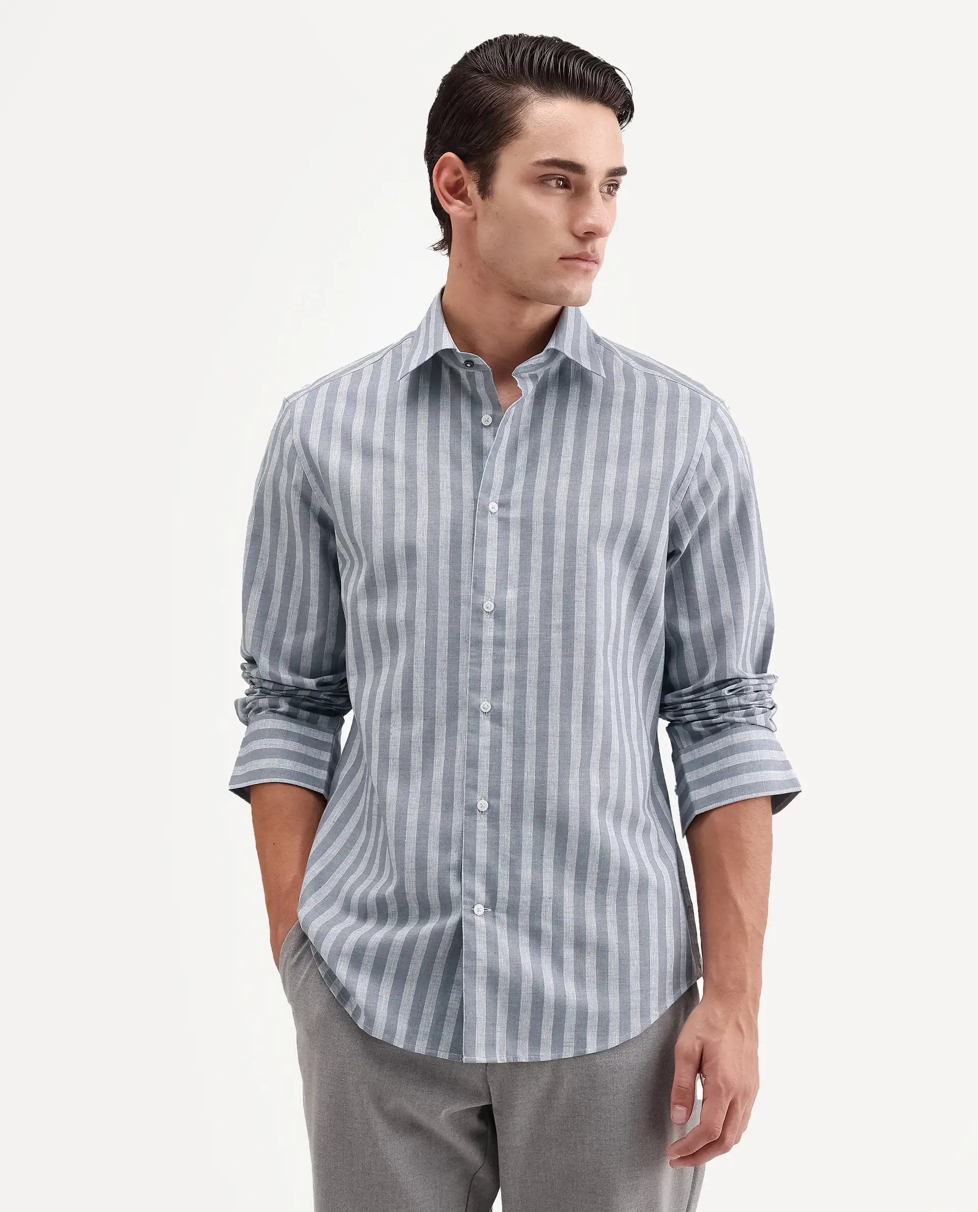 Rare Rabbit Men's Mink Dark Grey Cotton Blend Fabric Full Sleeve Spread Collar Button Regular Fit Striped Shirt - Image 4