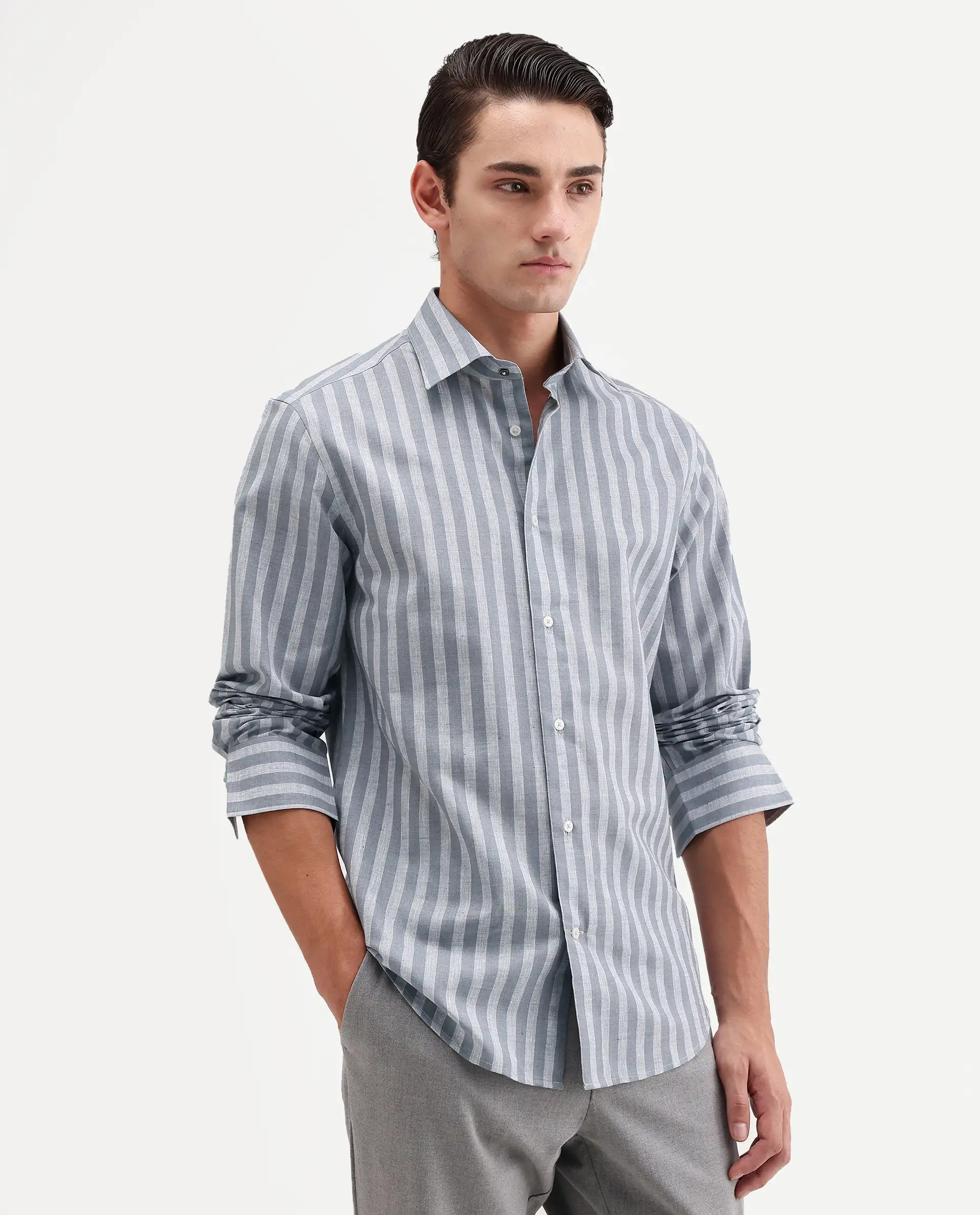 Rare Rabbit Men's Mink Dark Grey Cotton Blend Fabric Full Sleeve Spread Collar Button Regular Fit Striped Shirt - Image 5