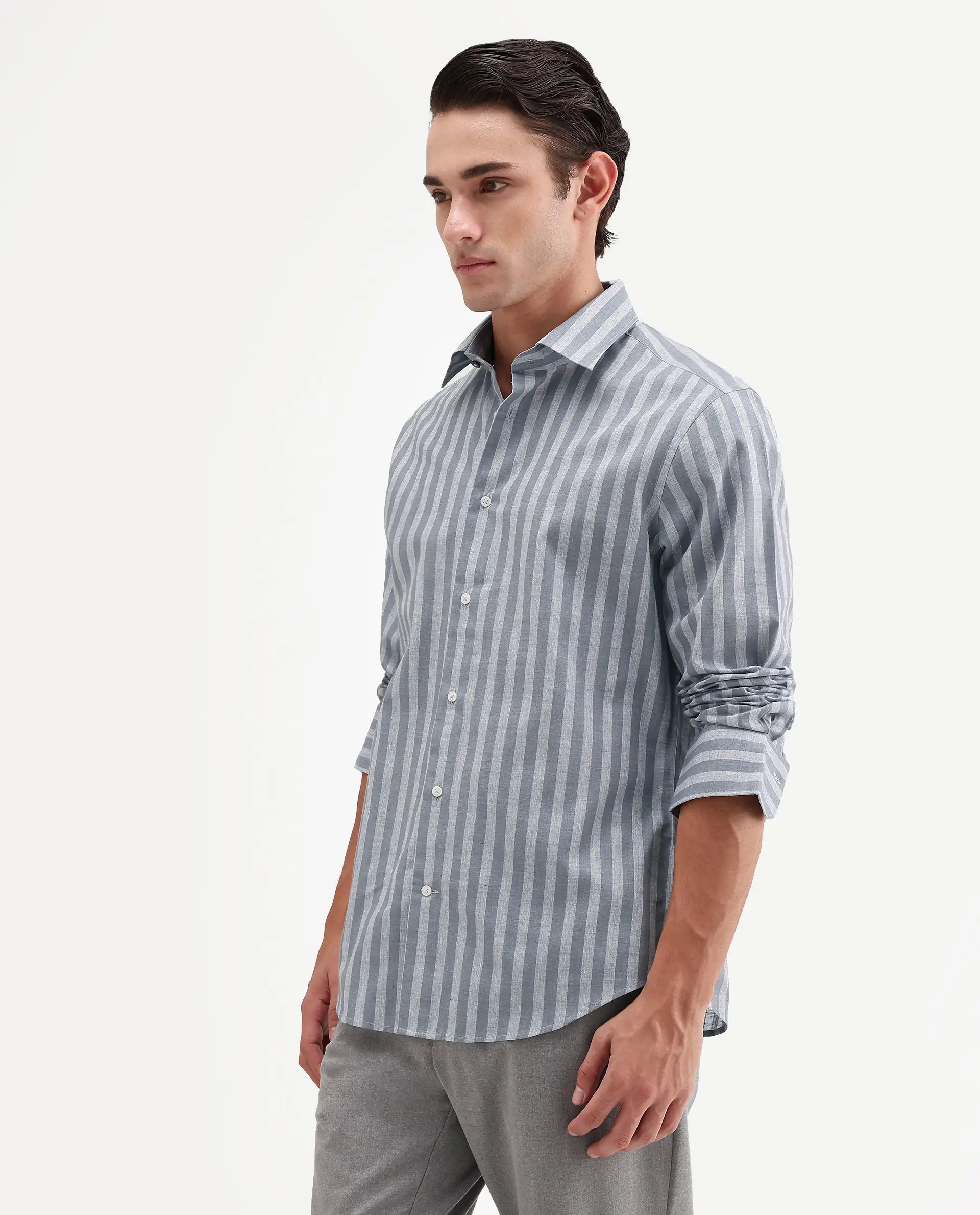 Rare Rabbit Men's Mink Dark Grey Cotton Blend Fabric Full Sleeve Spread Collar Button Regular Fit Striped Shirt - Image 6