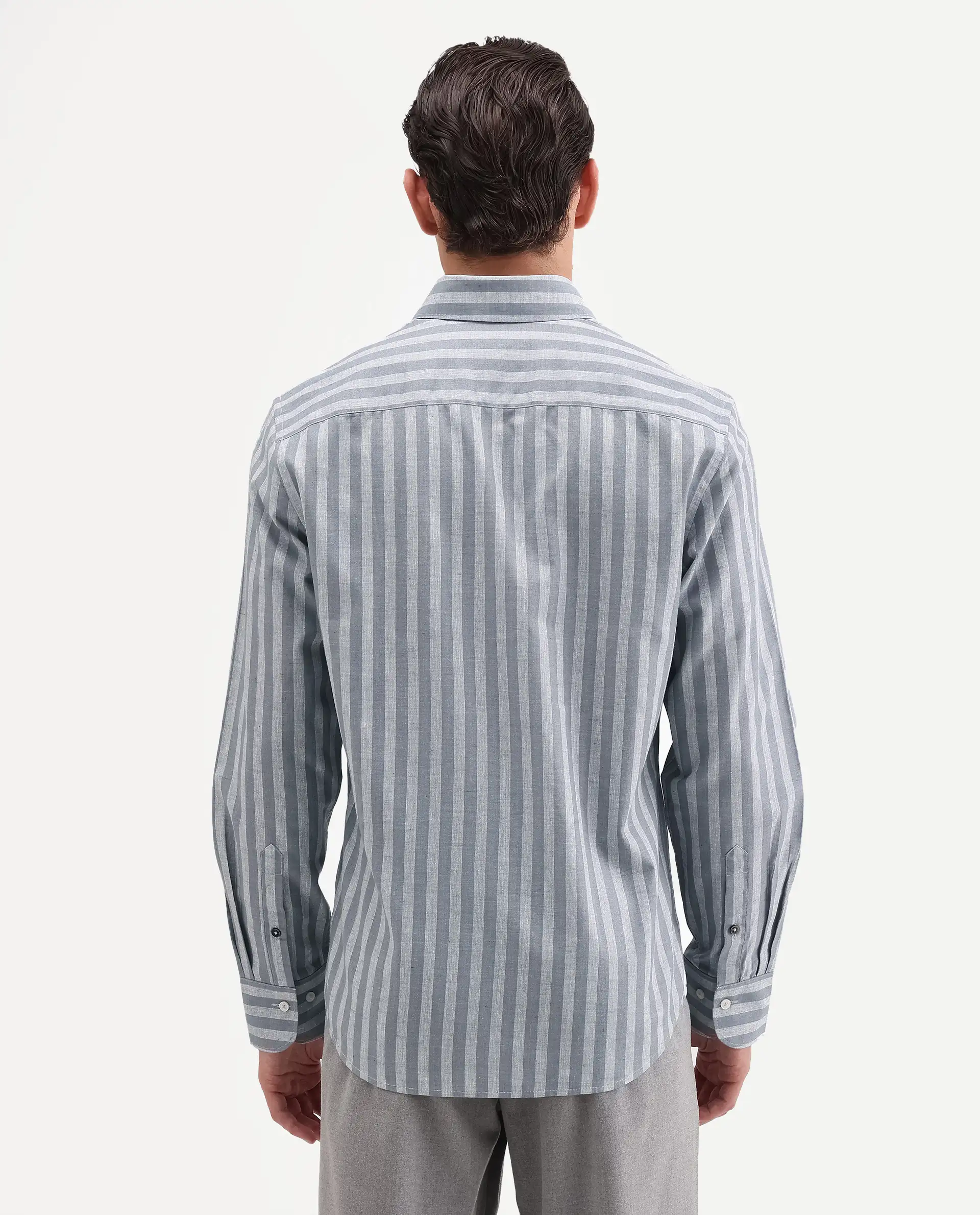 Rare Rabbit Men's Mink Dark Grey Cotton Blend Fabric Full Sleeve Spread Collar Button Regular Fit Striped Shirt - Image 7