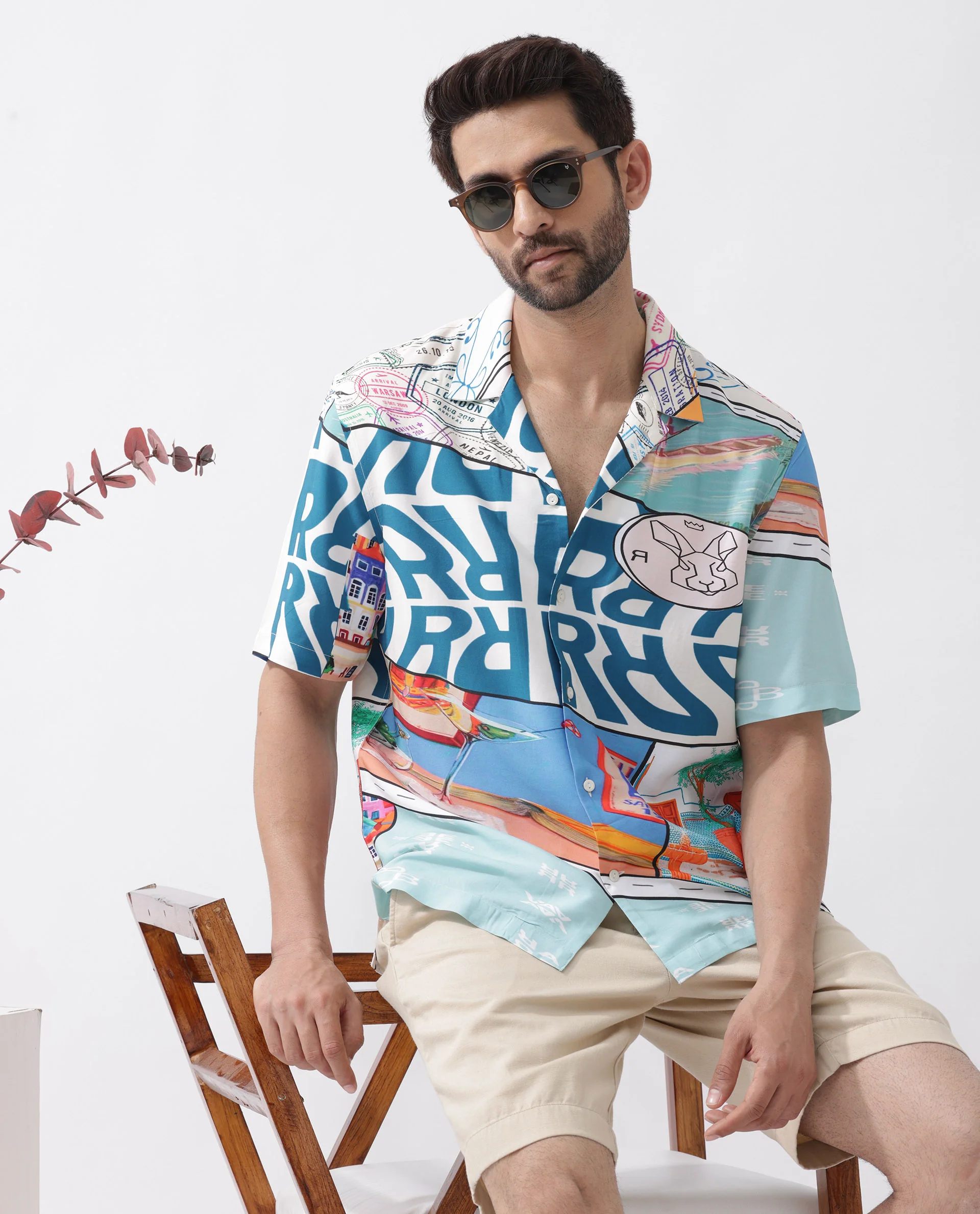 Rare Rabbit Men's Minos Light Blue Viscose Abstract Print Boxy Fit Half Sleeve Cuban Collar Shirt
