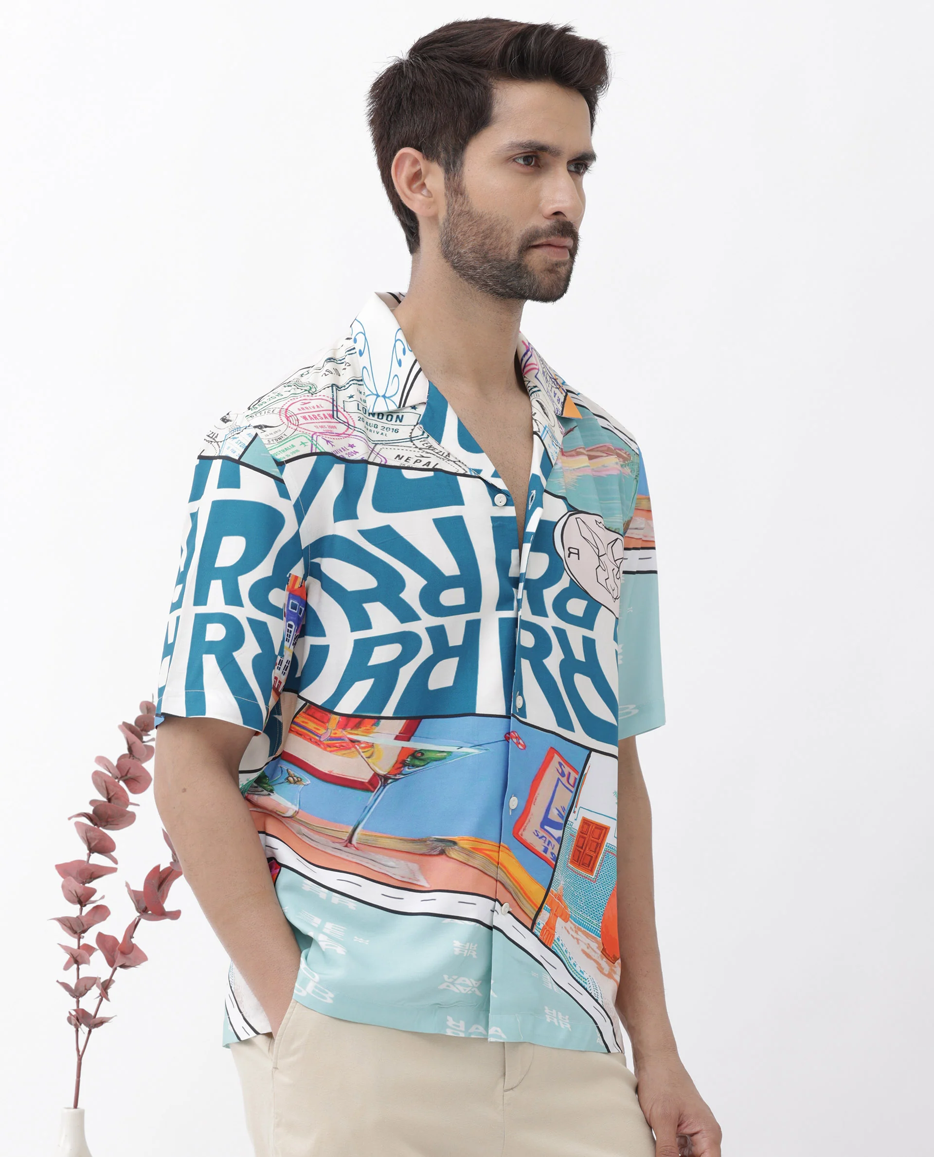 Rare Rabbit Men's Minos Light Blue Viscose Abstract Print Boxy Fit Half Sleeve Cuban Collar Shirt - Image 10