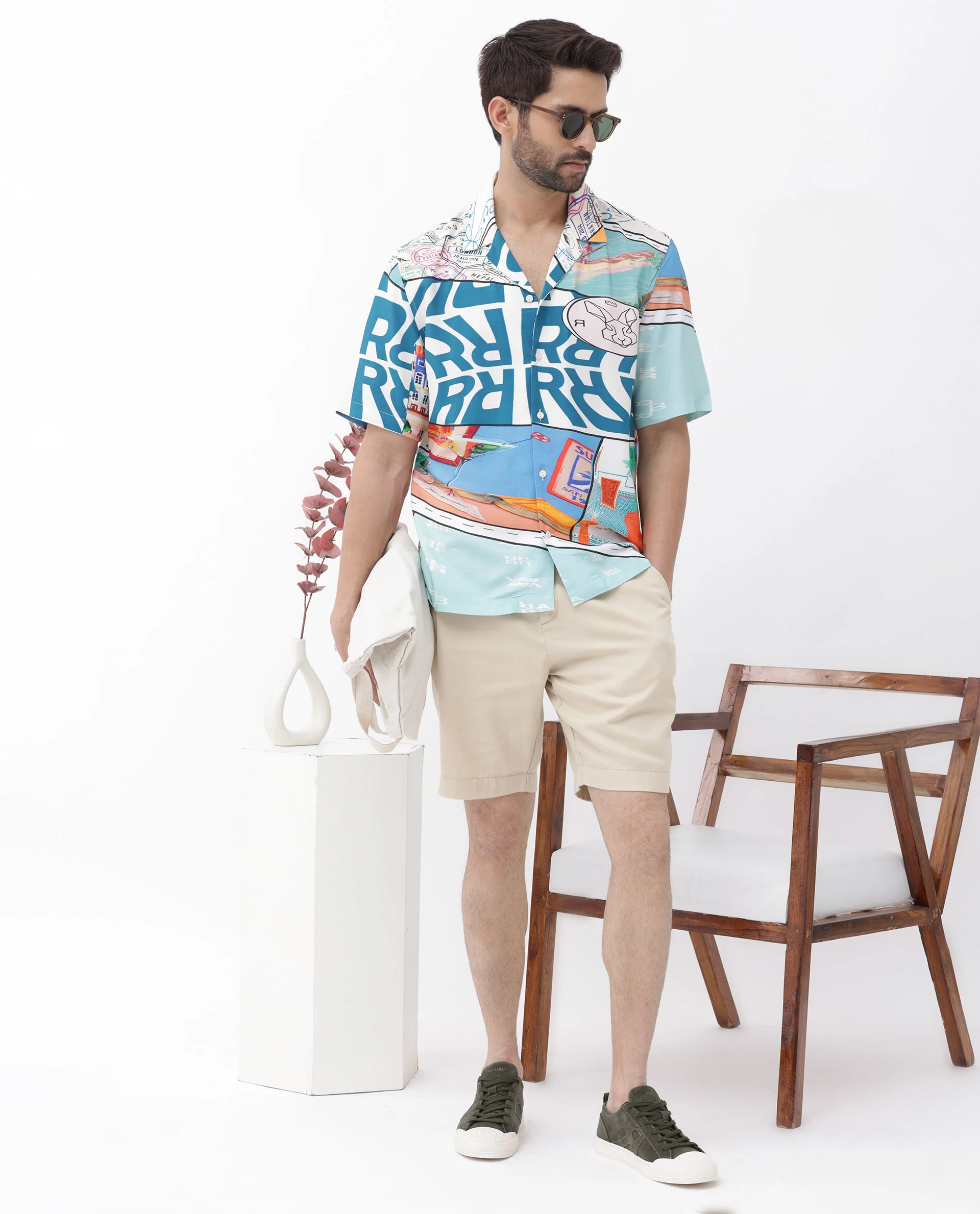 Rare Rabbit Men's Minos Light Blue Viscose Abstract Print Boxy Fit Half Sleeve Cuban Collar Shirt - Image 2