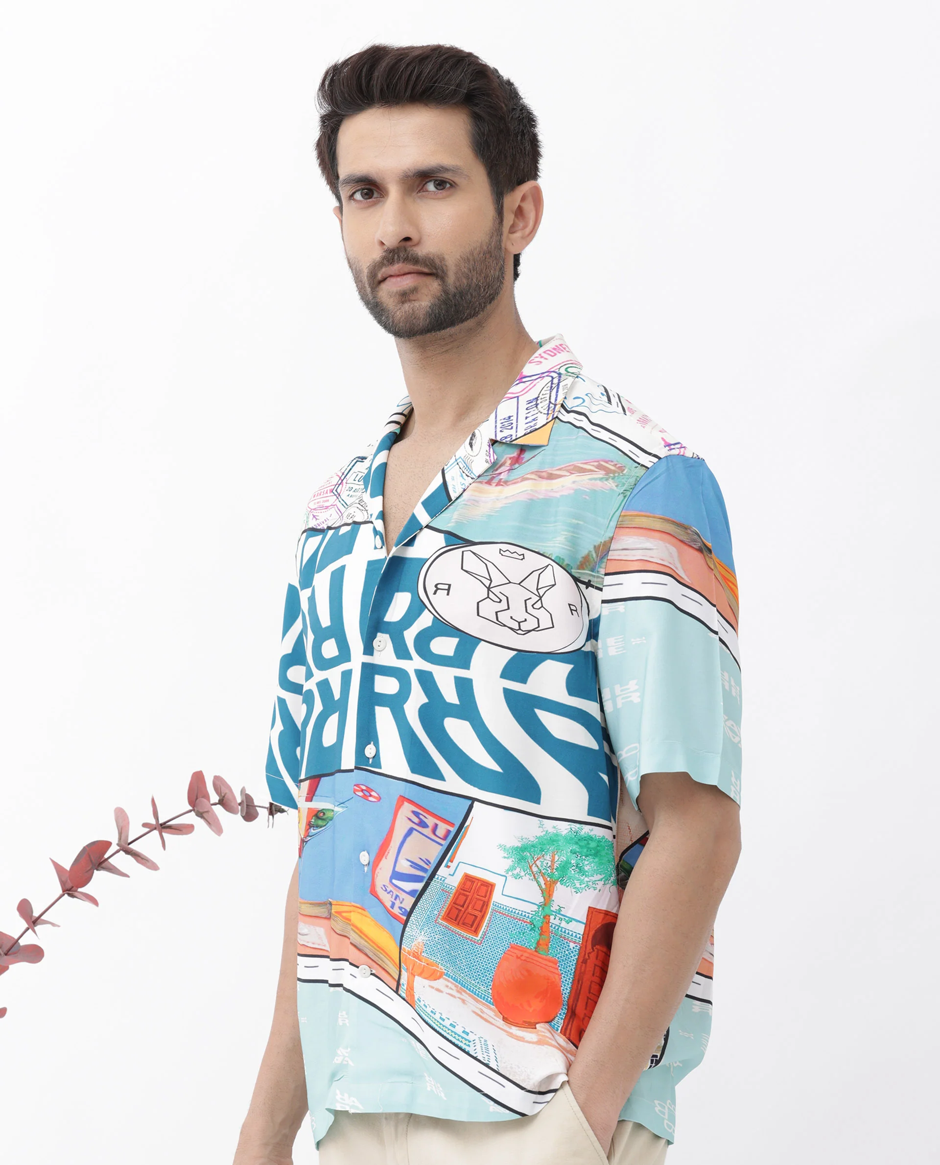Rare Rabbit Men's Minos Light Blue Viscose Abstract Print Boxy Fit Half Sleeve Cuban Collar Shirt - Image 3