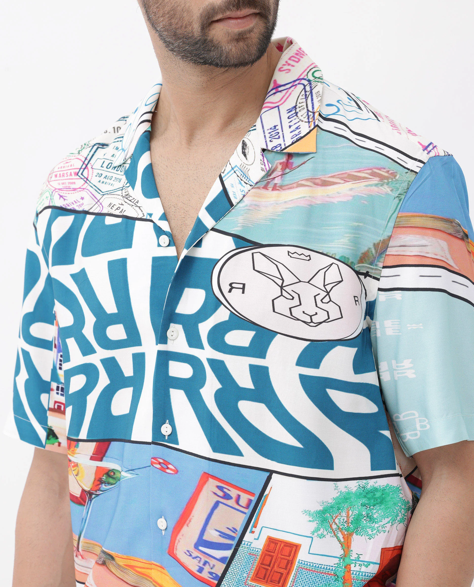 Rare Rabbit Men's Minos Light Blue Viscose Abstract Print Boxy Fit Half Sleeve Cuban Collar Shirt - Image 4