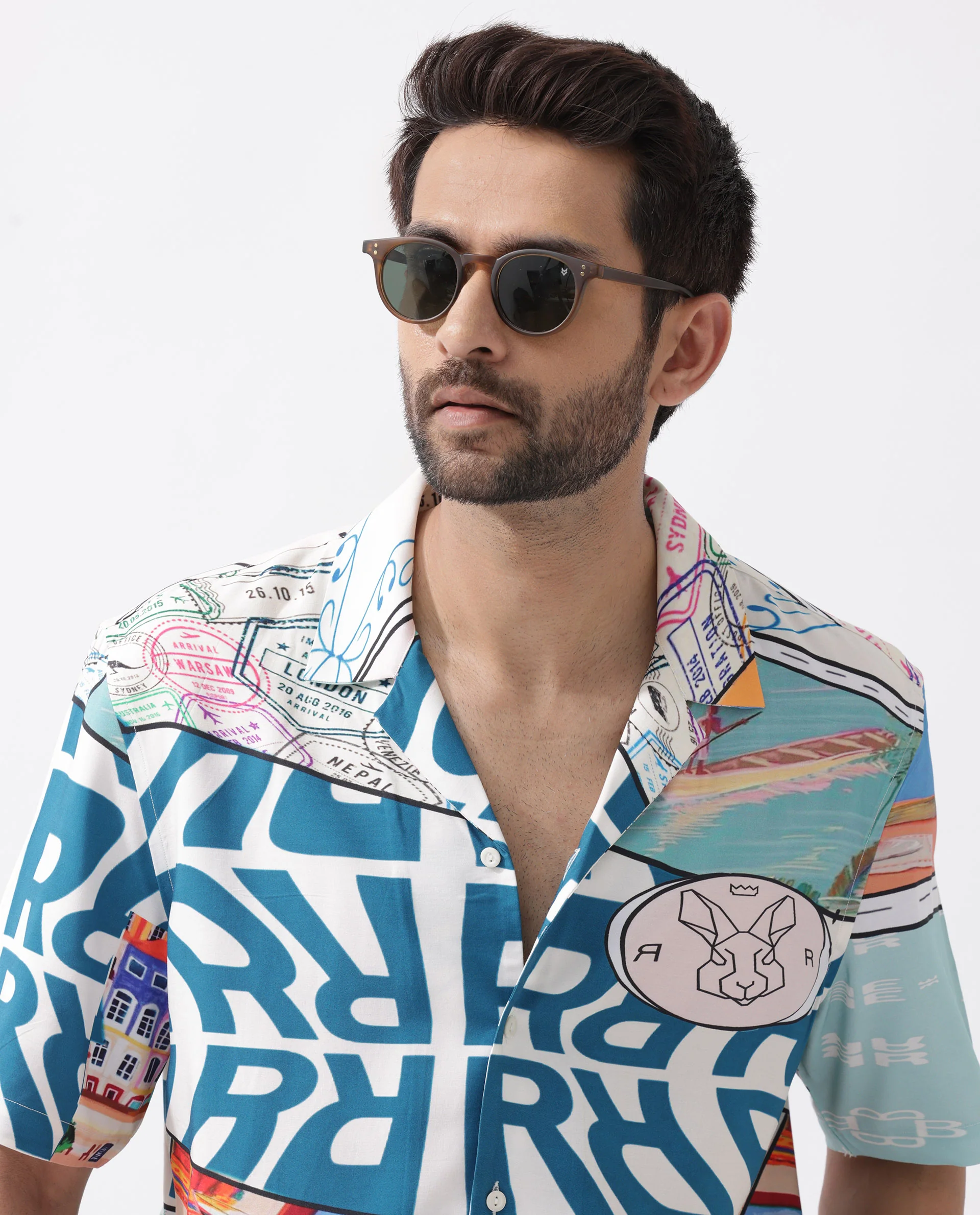 Rare Rabbit Men's Minos Light Blue Viscose Abstract Print Boxy Fit Half Sleeve Cuban Collar Shirt - Image 5