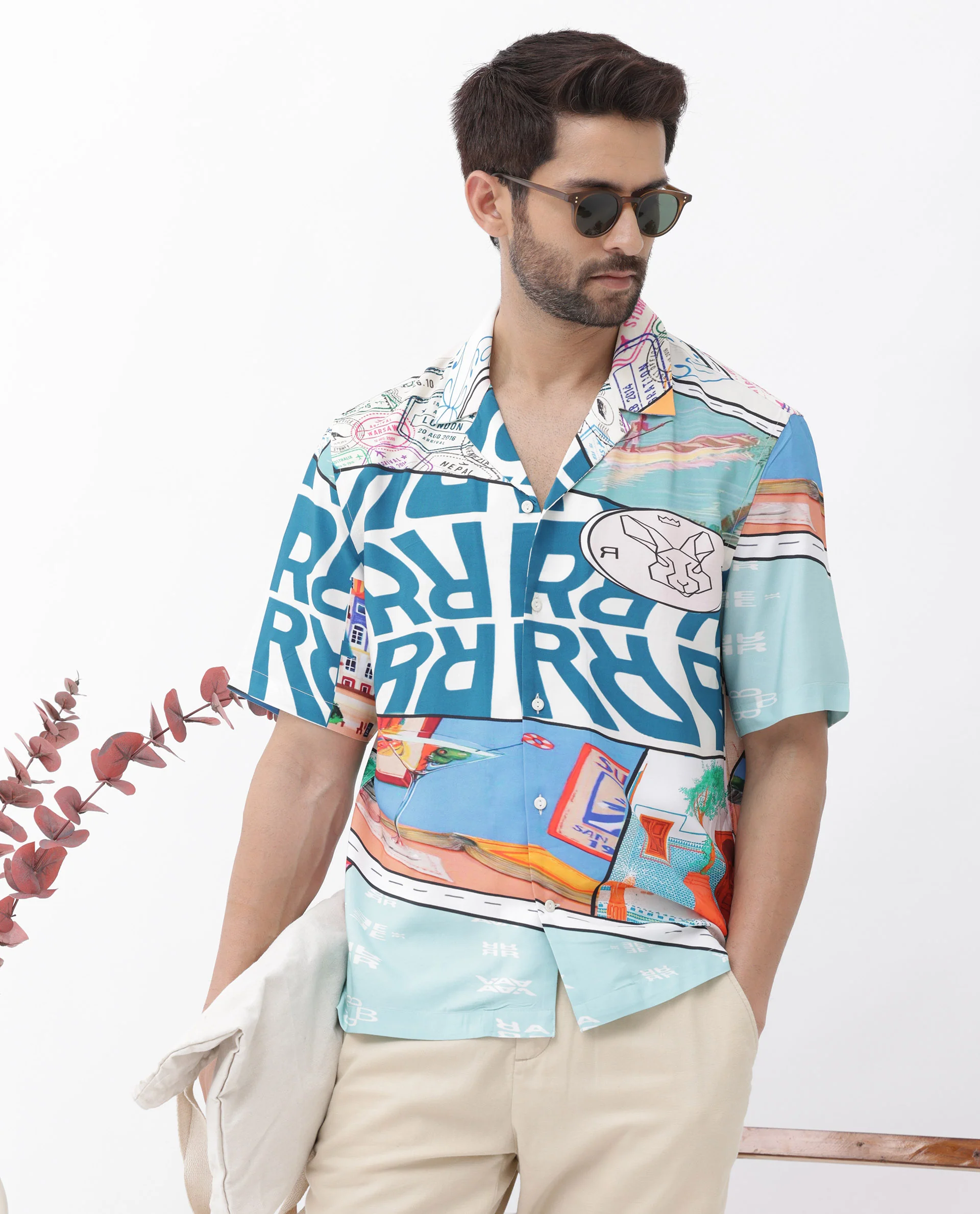 Rare Rabbit Men's Minos Light Blue Viscose Abstract Print Boxy Fit Half Sleeve Cuban Collar Shirt - Image 6