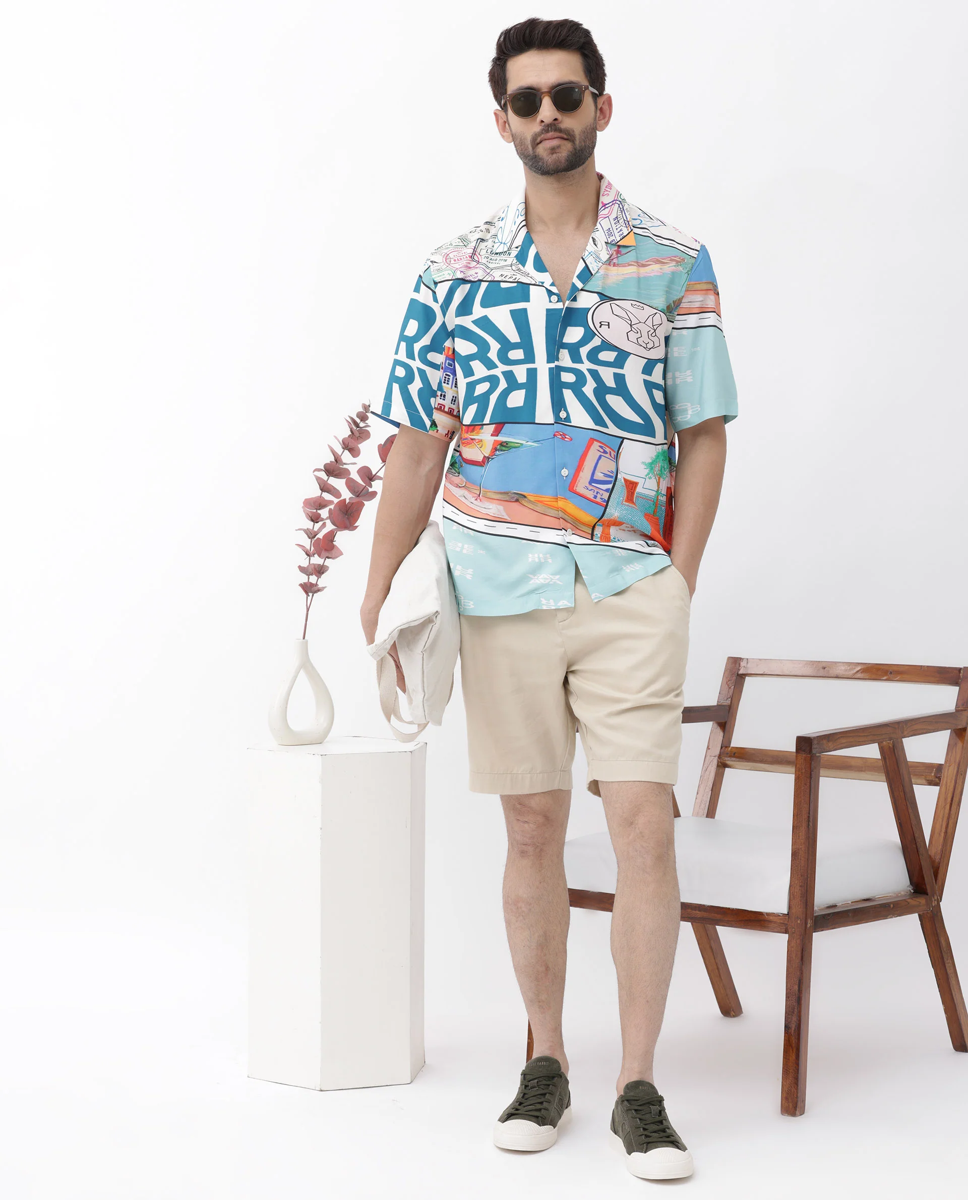 Rare Rabbit Men's Minos Light Blue Viscose Abstract Print Boxy Fit Half Sleeve Cuban Collar Shirt - Image 7