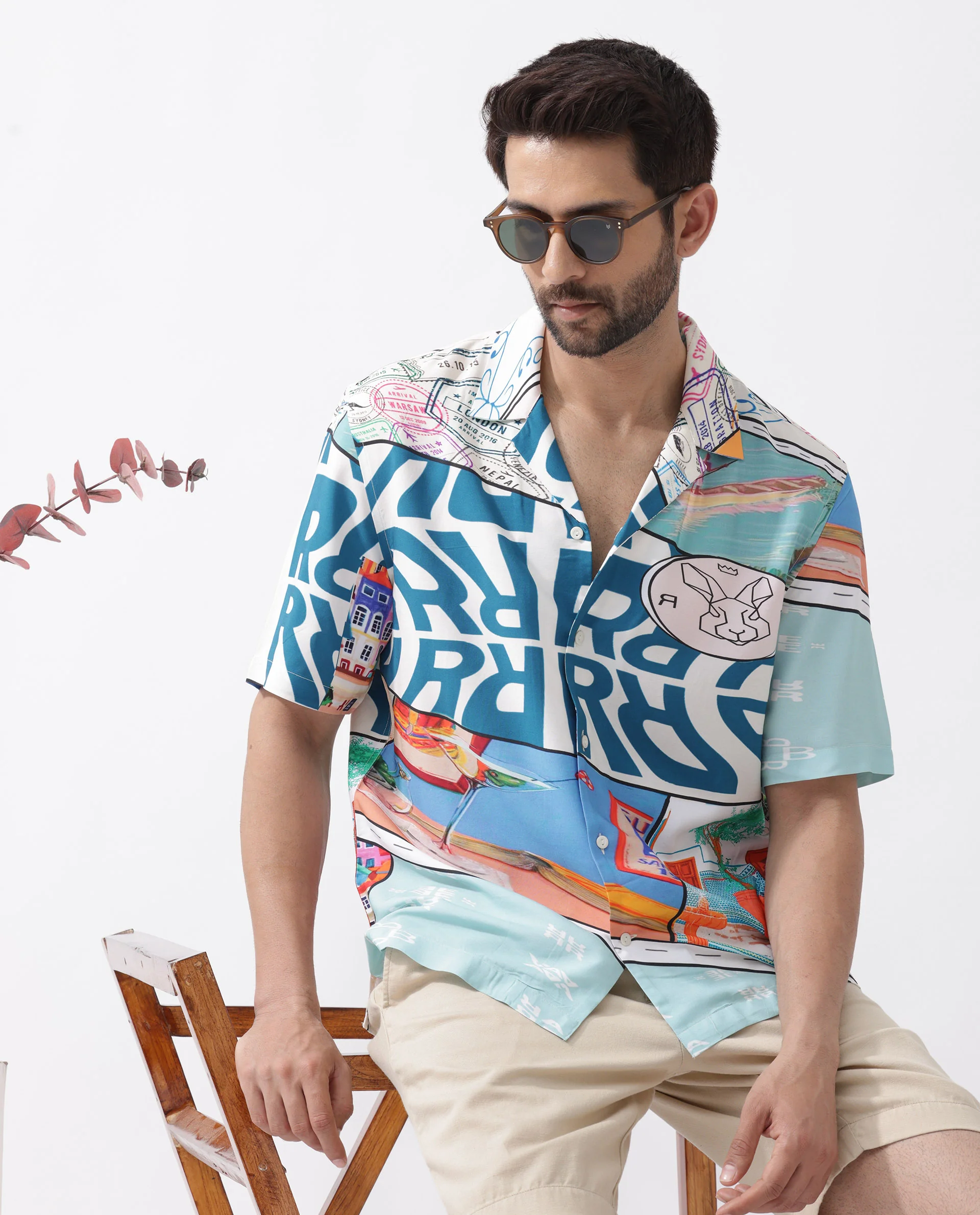 Rare Rabbit Men's Minos Light Blue Viscose Abstract Print Boxy Fit Half Sleeve Cuban Collar Shirt - Image 8
