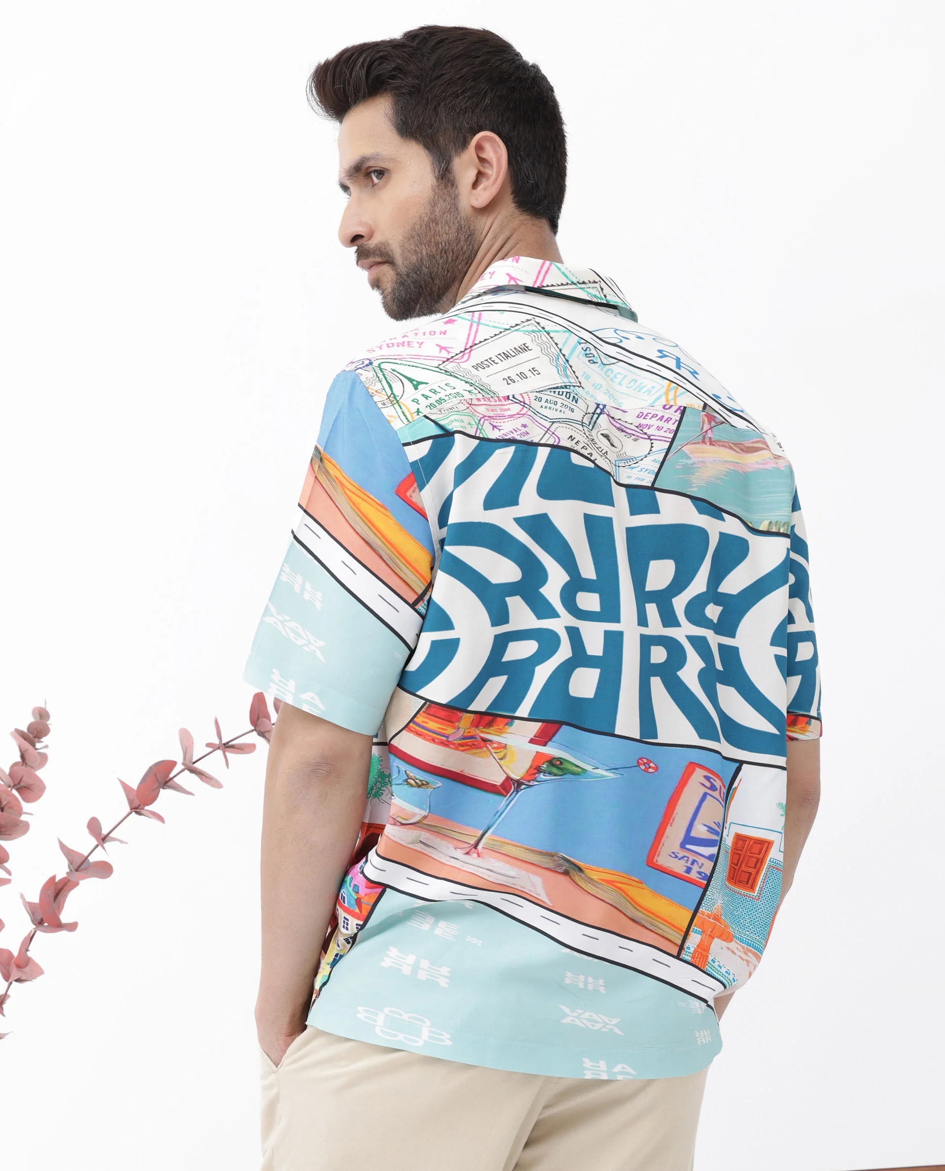 Rare Rabbit Men's Minos Light Blue Viscose Abstract Print Boxy Fit Half Sleeve Cuban Collar Shirt - Image 9