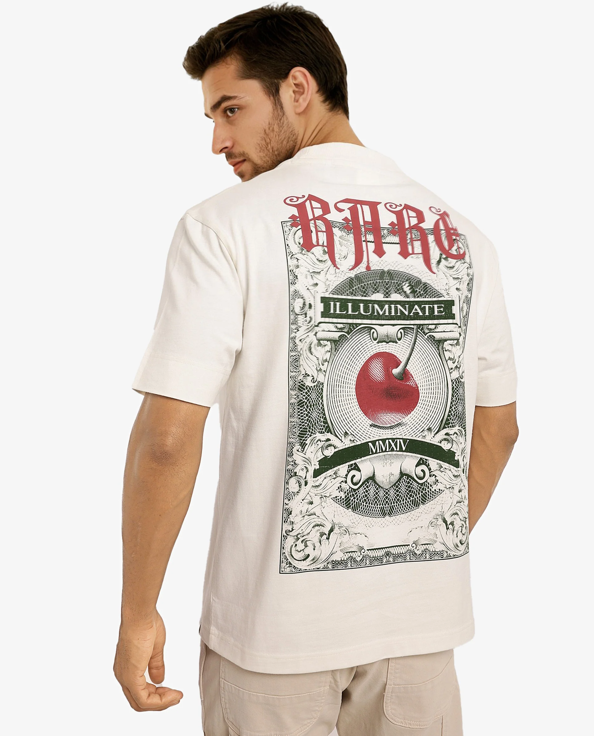 Rare Rabbit Men's Mint Off White Cotton Graphic Print Oversized Fit Half Sleeve Crew Neck T-Shirt - Image 2