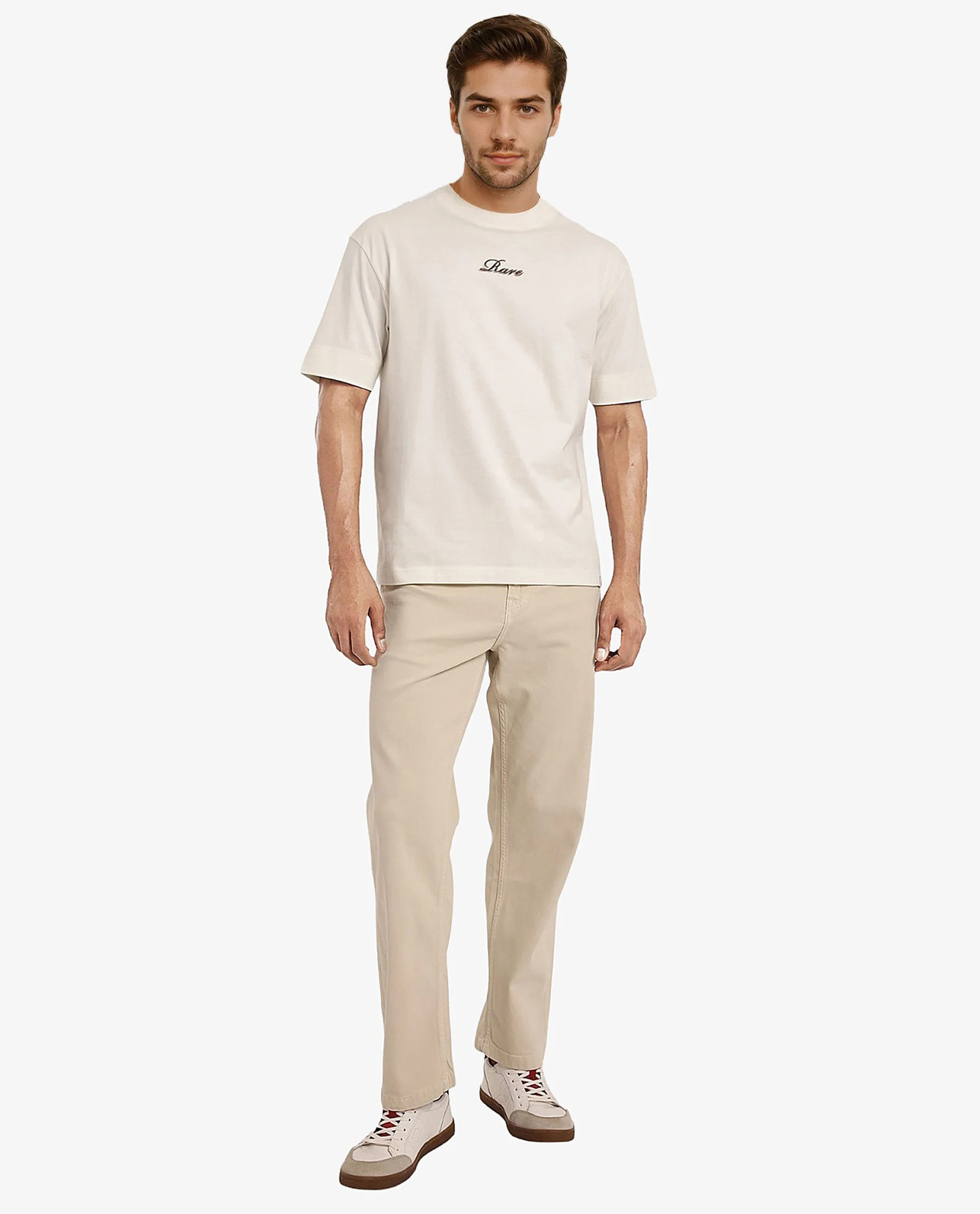 Rare Rabbit Men's Mint Off White Cotton Graphic Print Oversized Fit Half Sleeve Crew Neck T-Shirt - Image 3