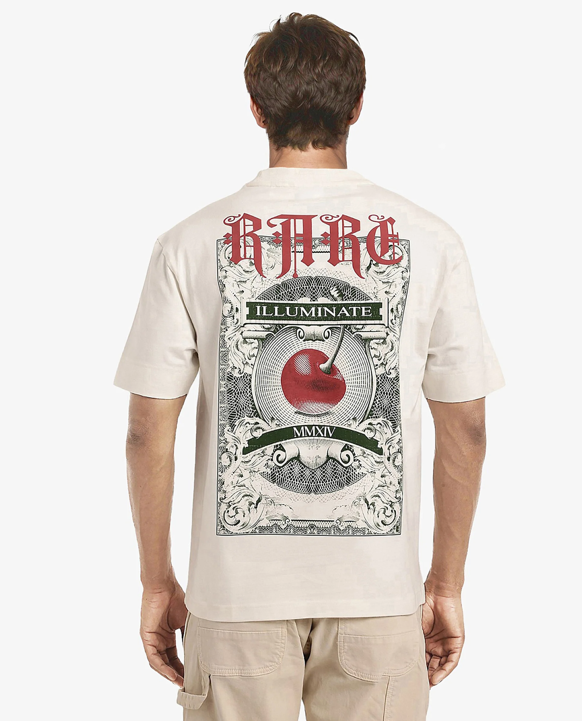 Rare Rabbit Men's Mint Off White Cotton Graphic Print Oversized Fit Half Sleeve Crew Neck T-Shirt - Image 4
