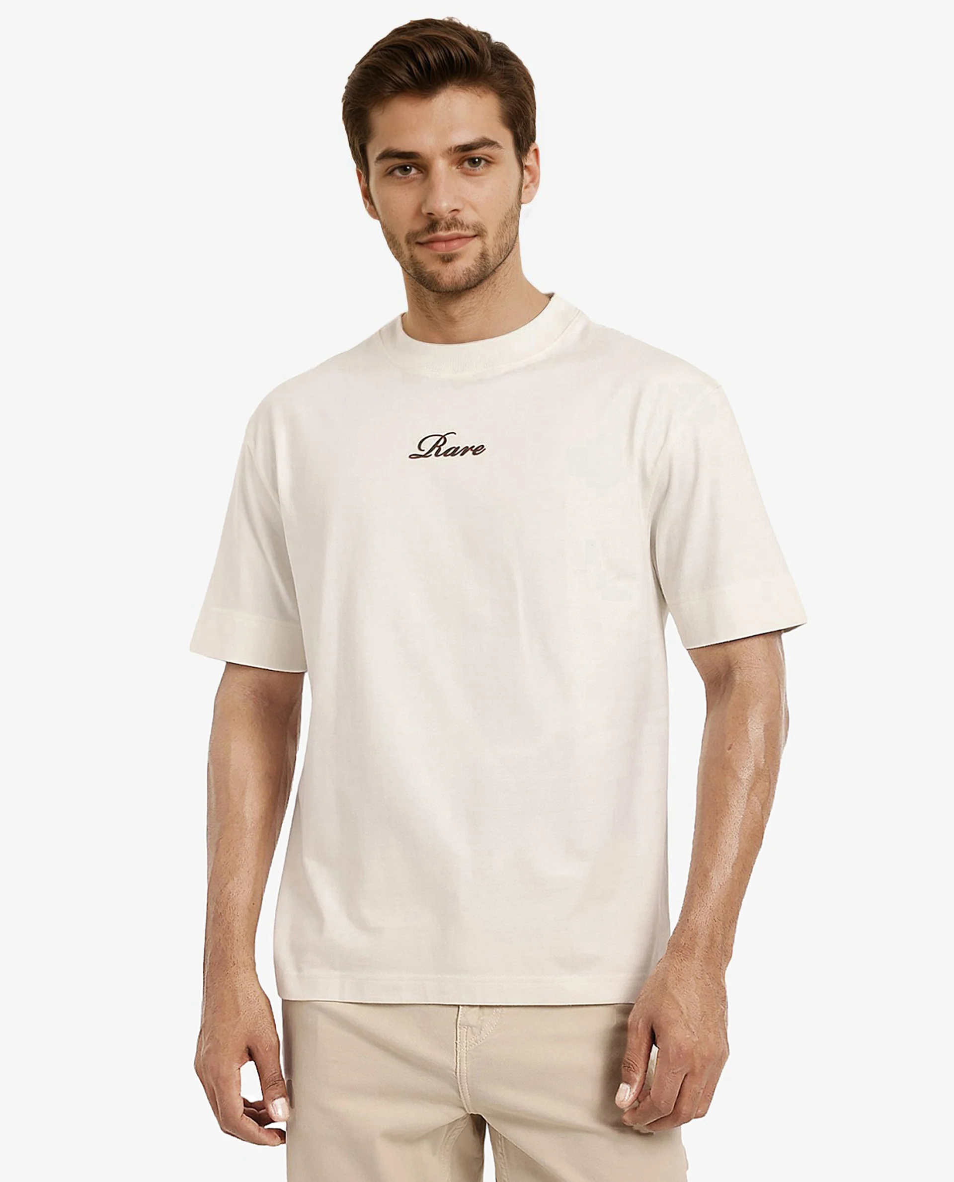 Rare Rabbit Men's Mint Off White Cotton Graphic Print Oversized Fit Half Sleeve Crew Neck T-Shirt - Image 5