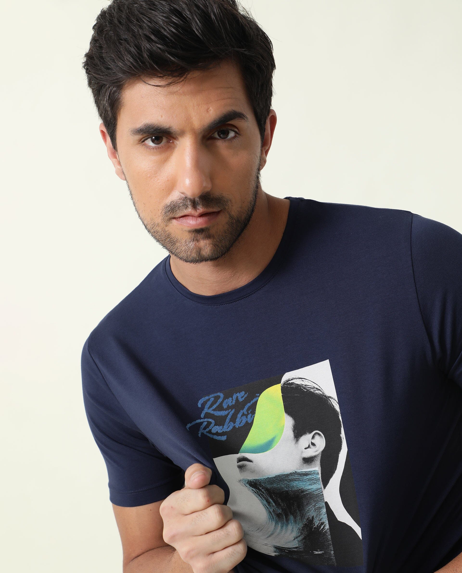 Rare Rabbit Men's Minx Navy Cotton Graphic Print Slim Fit Half Sleeve Crew Neck T-Shirt - Image 2