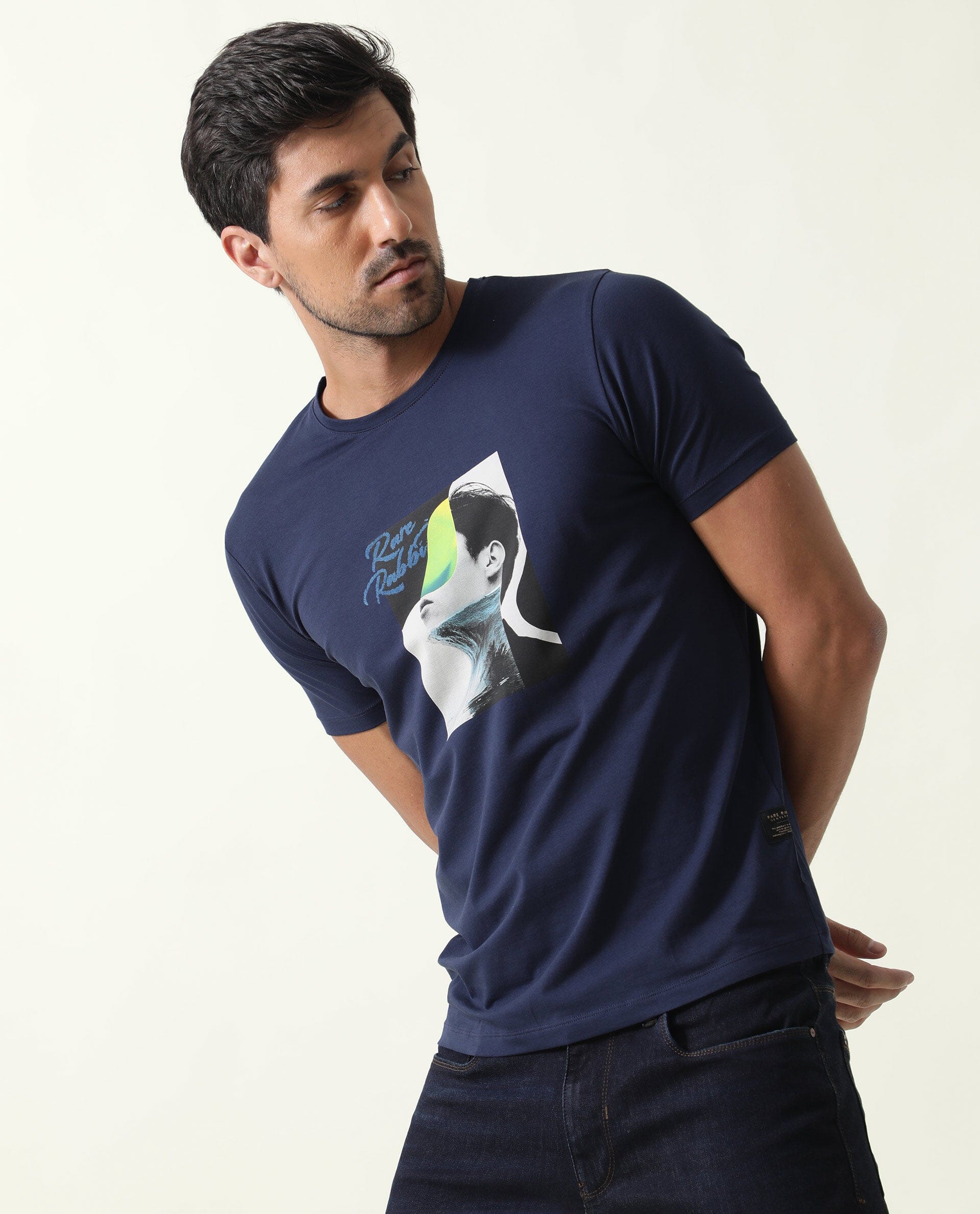 Rare Rabbit Men's Minx Navy Cotton Graphic Print Slim Fit Half Sleeve Crew Neck T-Shirt - Image 3